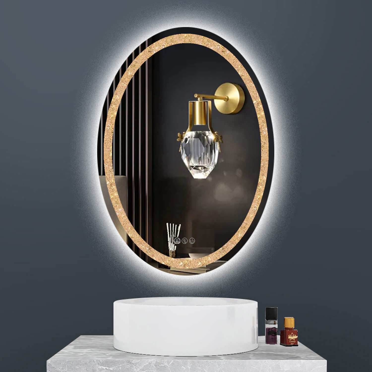 20x30 Inch LED Oval Crystal Bathroom Vanity Mirror with Lights - Smart Anti-Fog Dimmable Touch Memory Makeup Mirror with 3 Color Modes for Modern Bathrooms, Bedrooms & Dressing Rooms
