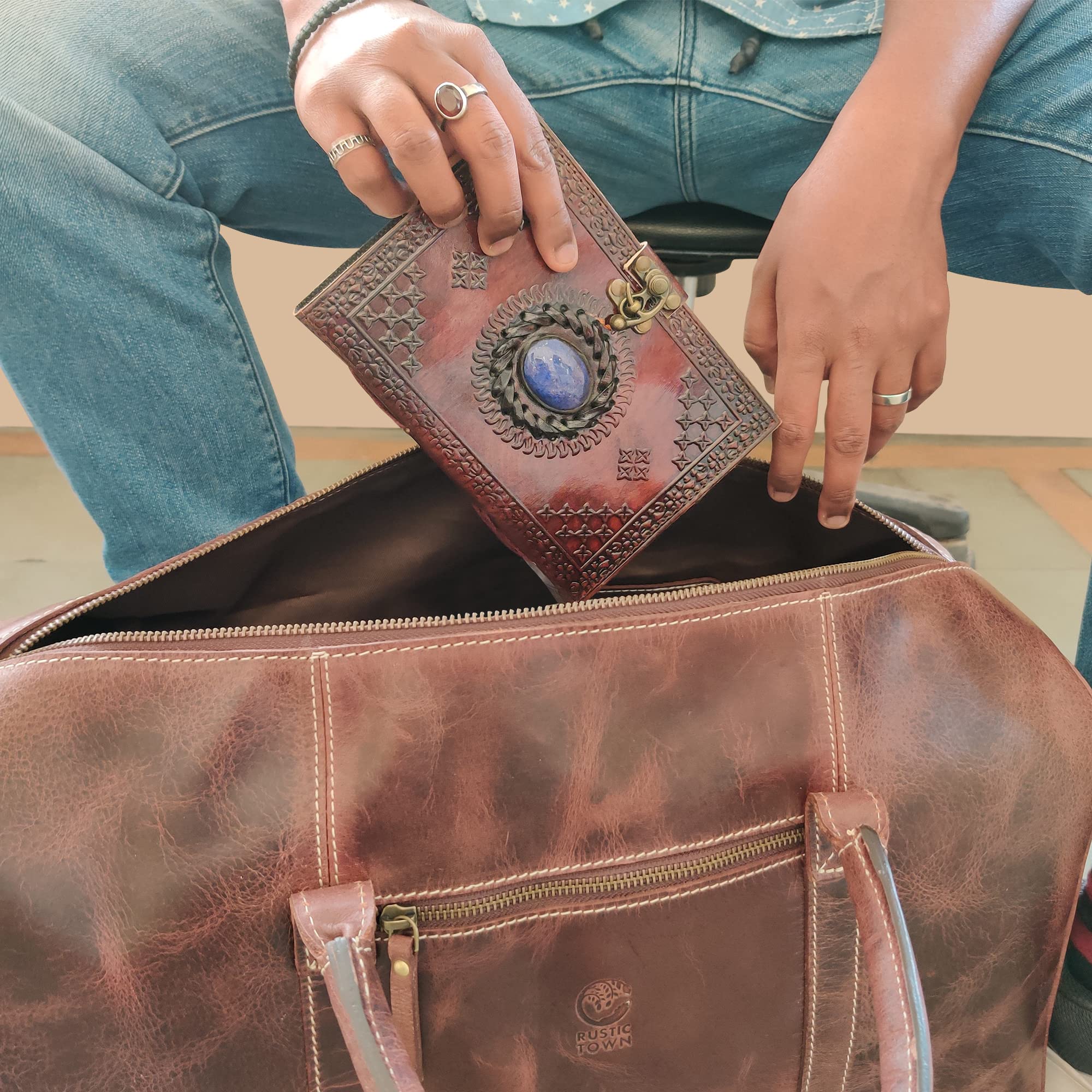 Premium Leather Duffel Bag & Stone Paper Journal Set - Waterproof Travel Organizer for Men & Women | Business Trips, Weekend Getaways & Adventure Travel Accessories