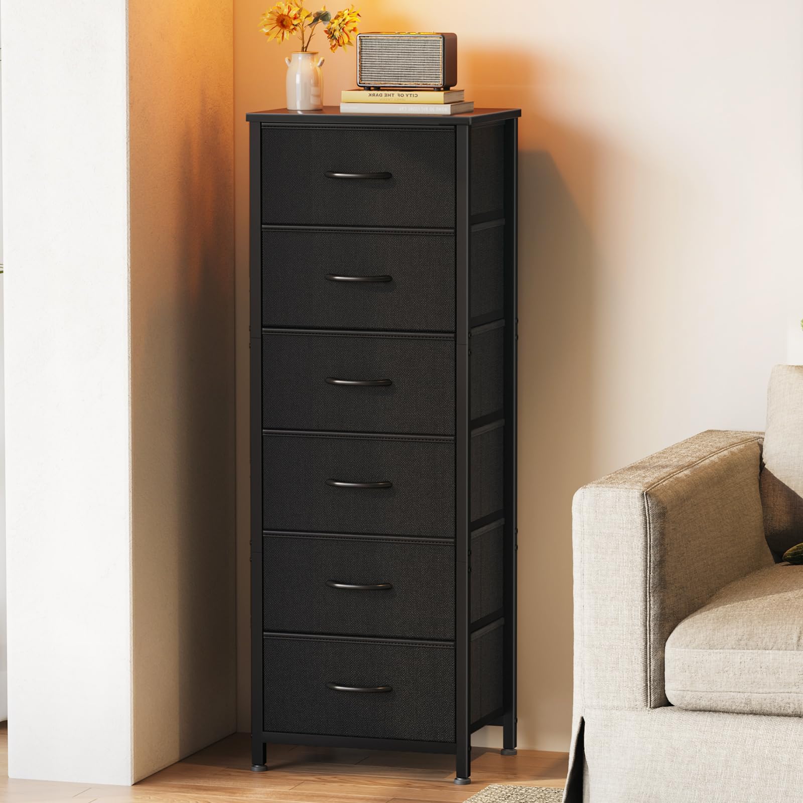 AODK 6-Drawer Tall Dresser for Bedroom - Fabric Storage Organizer with Wood Top & Steel Frame - Black Chest of Drawers for Closet, Living Room, Entryway, Hallway | Perfect for Small Space Organization & Home Decor
