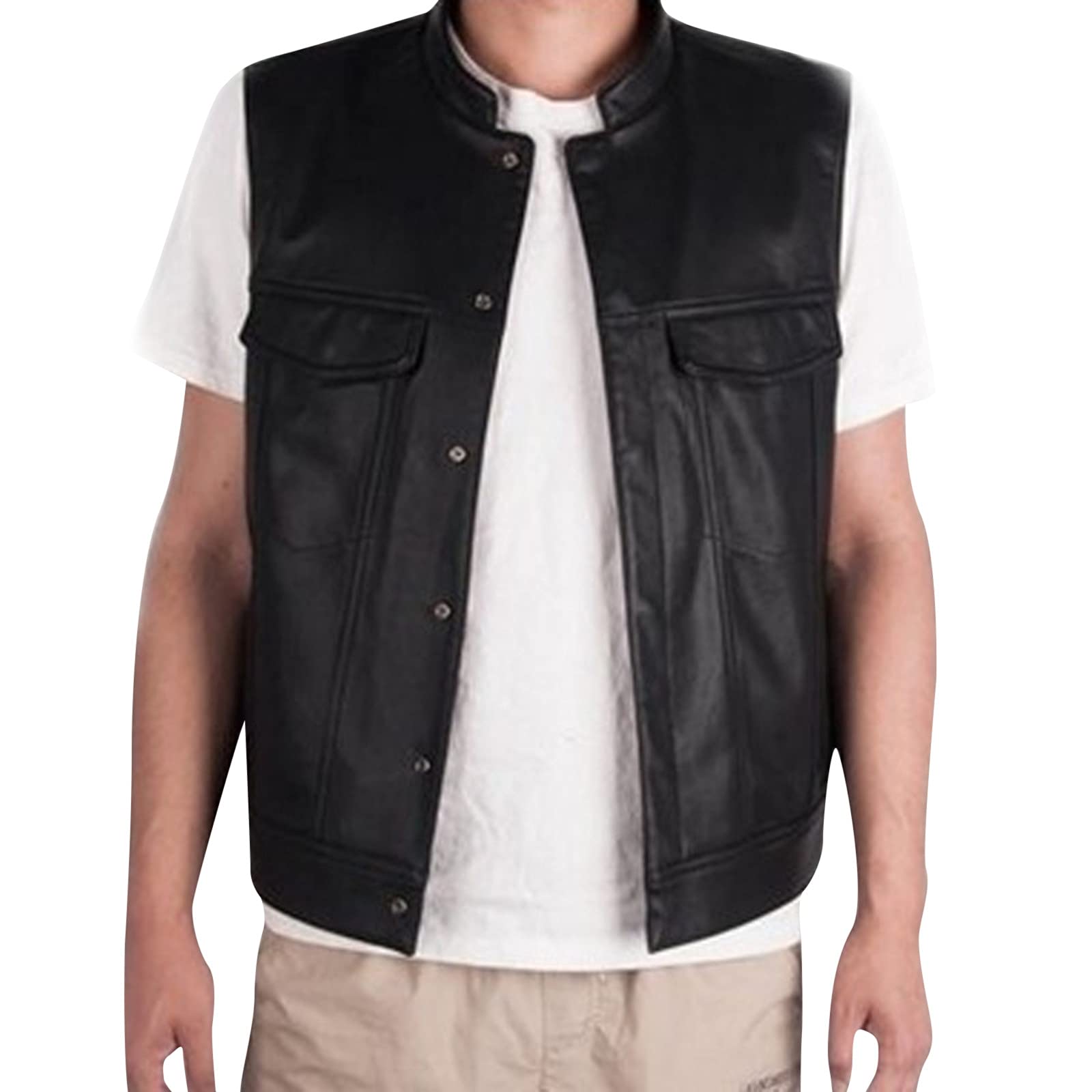 Stylish Men's V-Neck Pocket Vest Dress Shirt - Solid Color Button-Up Leather Trim Retro Blouse for Business, Wedding & Formal Occasions
