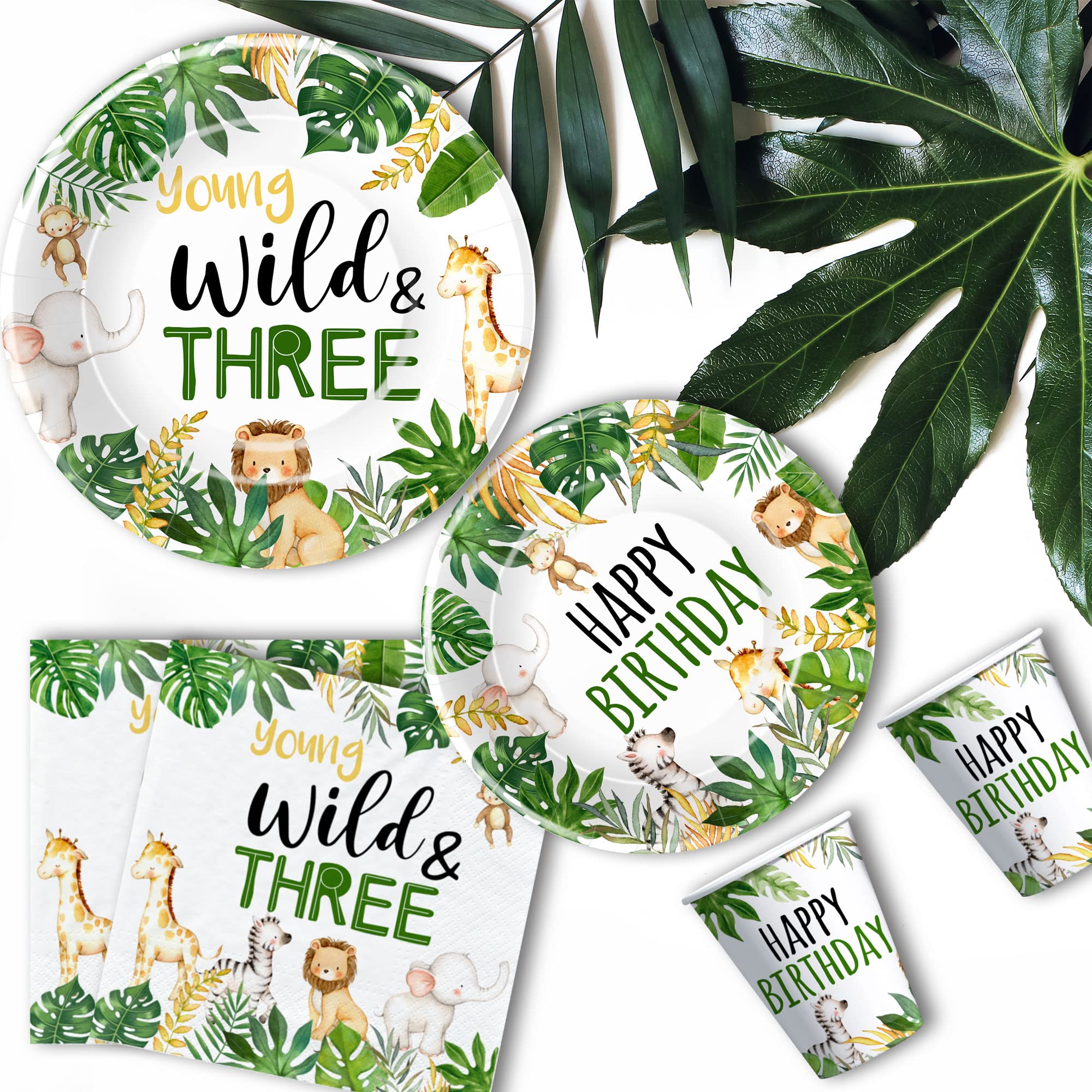Jungle Animal 3rd Birthday Party Supplies - Wild & Three Decorations Set for Safari Theme (24-Pack) | Includes Tableware, Paper Plates, Napkins, Tablecloth & Forks | Perfect for Kids Birthday Parties, Baby Showers & Zoo-Themed Events