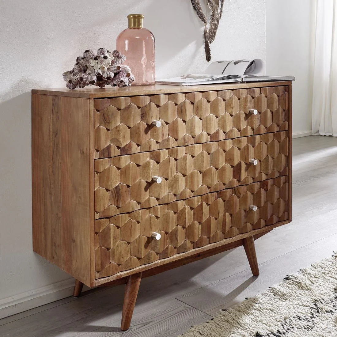 Gfine 3-Drawer Solid Acacia Wood Chest - 94x43x76cm (37x17x30in) - Rustic Bedroom Storage, Living Room Organizer & Entryway Furniture