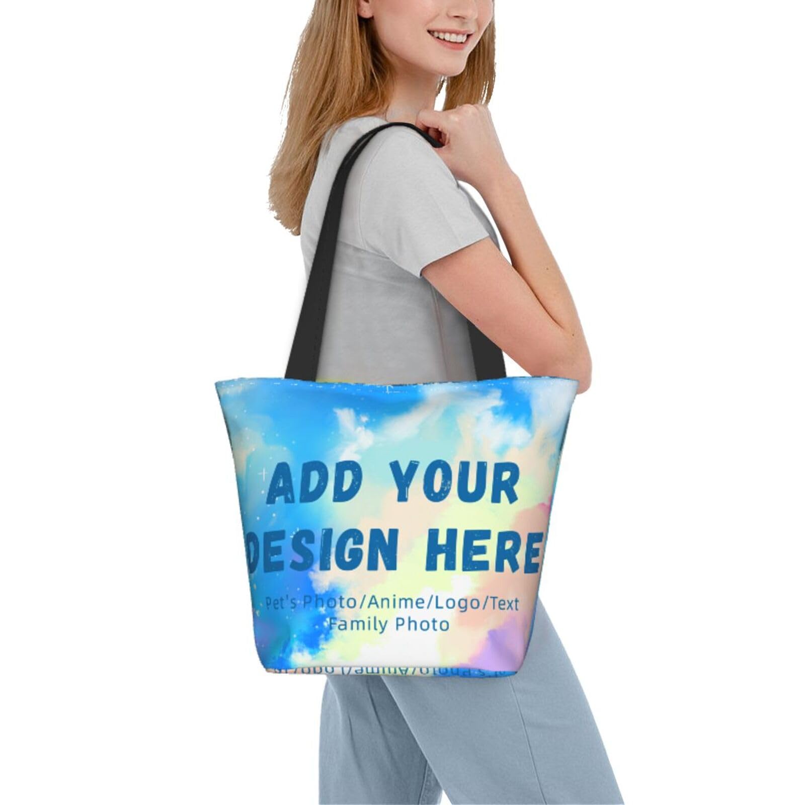Custom Zipper Tote Bag - Personalized Reusable Shopping Bag with Photo/Text Printing - Durable Shoulder Handbag for Women - Perfect for Beach, Wedding, Travel & Work Commute