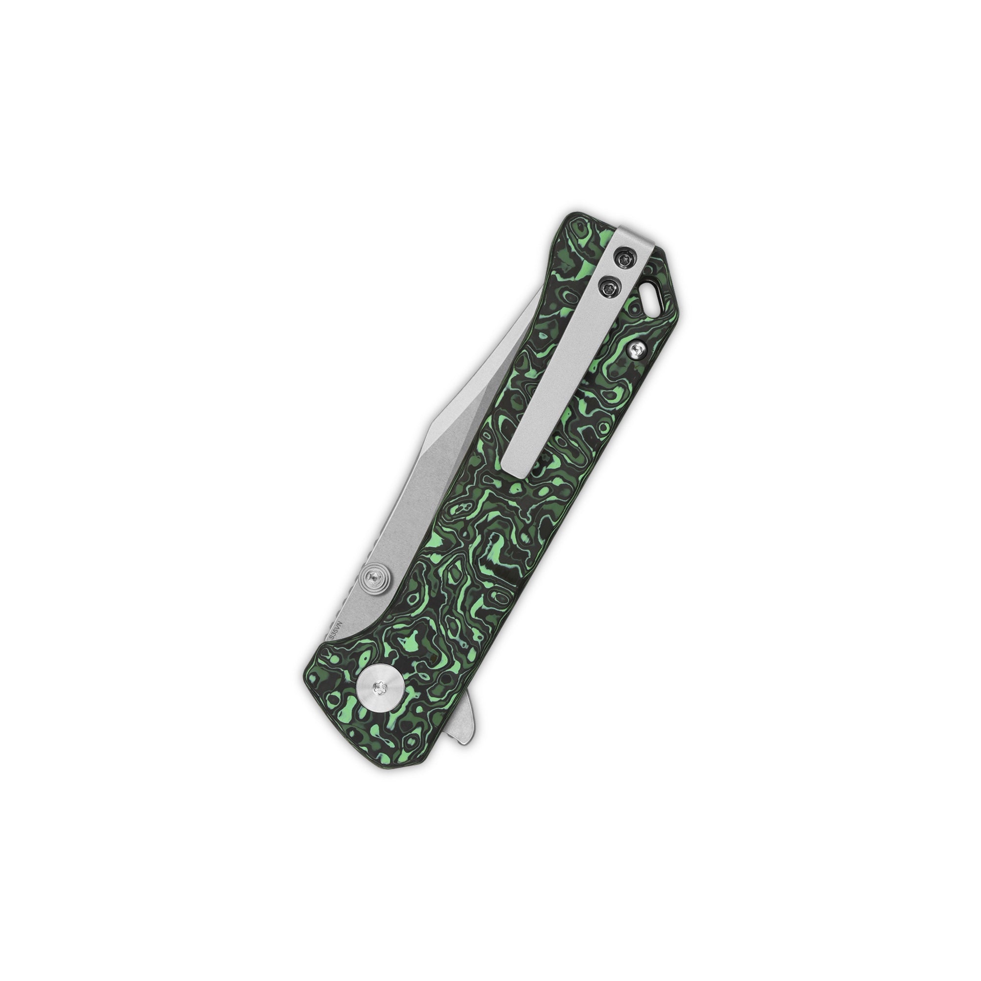 QSP Grebe Button Lock Pocket Knife - S35VN Steel Blade, Green Camo Carbon Fiber Handle - EDC, Outdoor, Camping, Hunting, Survival Gear
