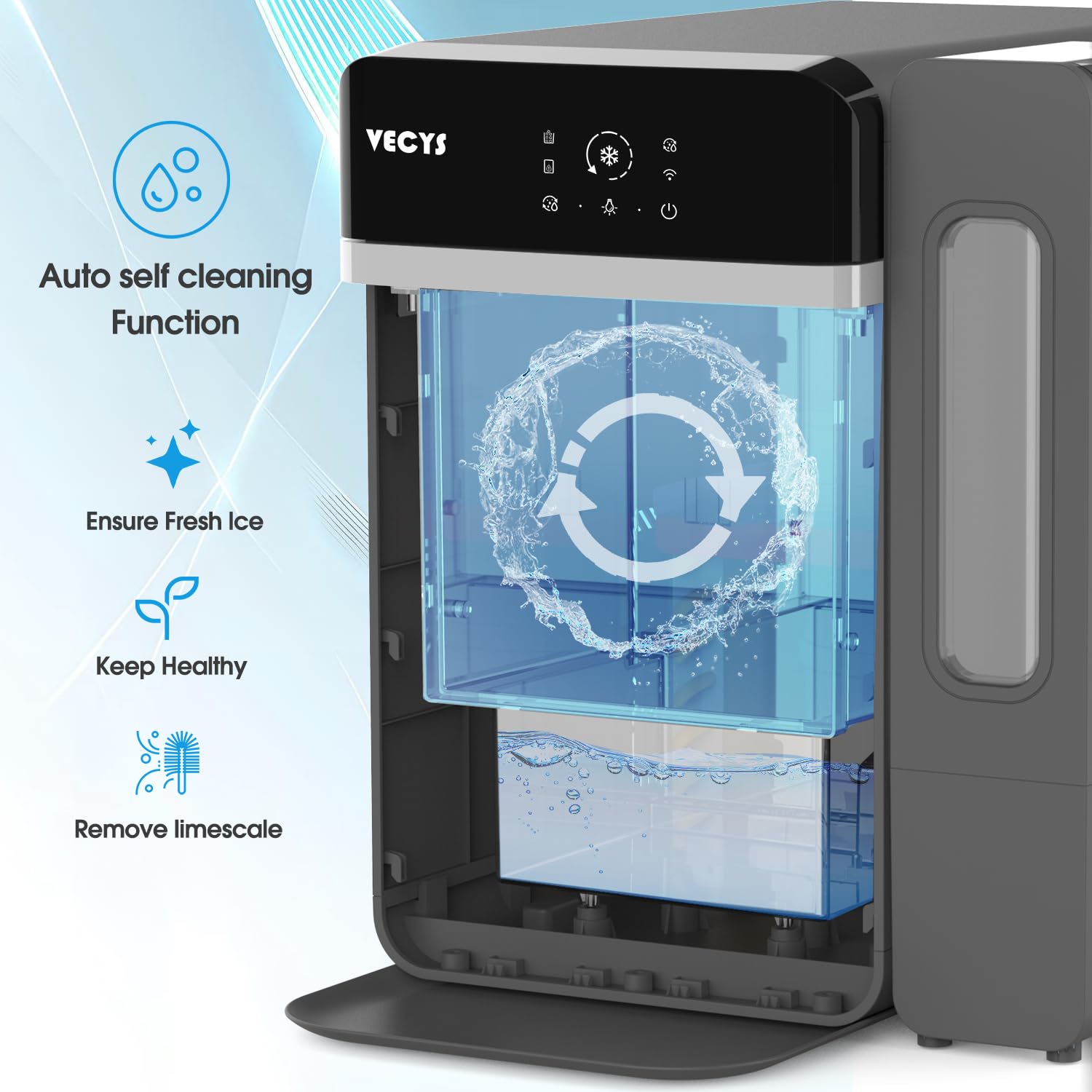 VECYS 33LBS/Day Countertop Nugget Ice Maker - Self-Cleaning Portable Pellet Ice Machine with Stainless Steel Trim & 3.8L Side Water Tank - Chewable Sonic Ice for Home, Office, Bar, Cocktails, and Beverages