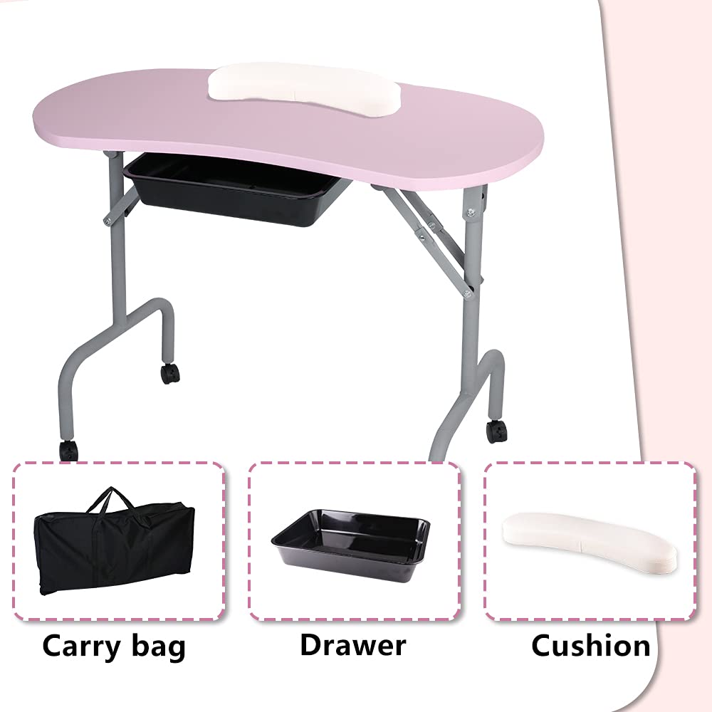 Portable Foldable Nail Salon Table with Large Drawer - 36 Inch Pink Manicure Station for Professionals | Includes Wrist Cushion, Carry Bag & 4 Lockable Wheels | Perfect for Home Salons, Mobile Nail Technicians & Spa Businesses