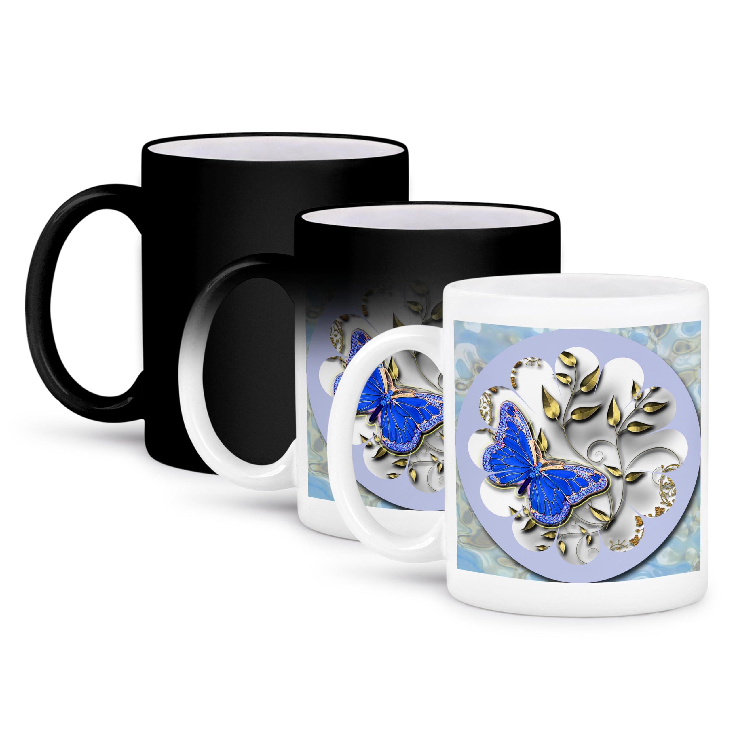 3D Rose Blue Butterfly & Gold Accent Magic Transforming Mug - 11 oz Ceramic Cup with Heat-Activated Design - Perfect for Coffee, Tea & Gifts