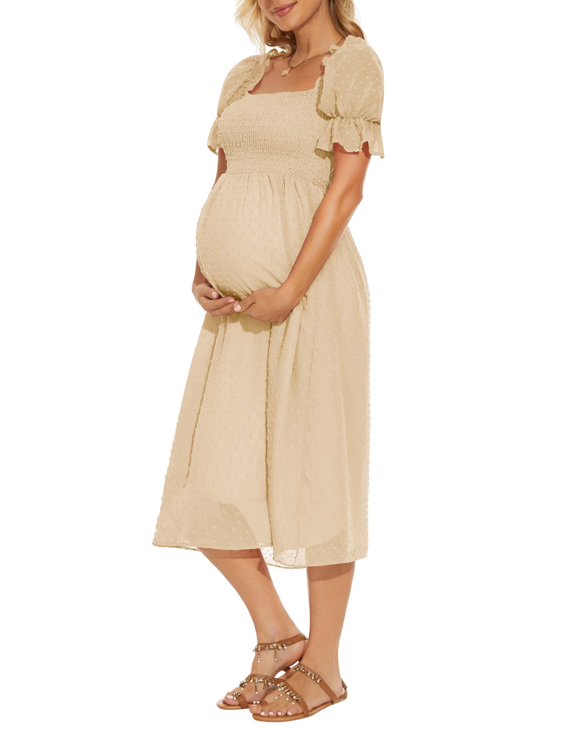 Swiss Dot Puff Sleeve Maternity Dress - Square Neck Flowy Maternity Midi Dress for Baby Shower, Pregnancy Photos & Special Occasions