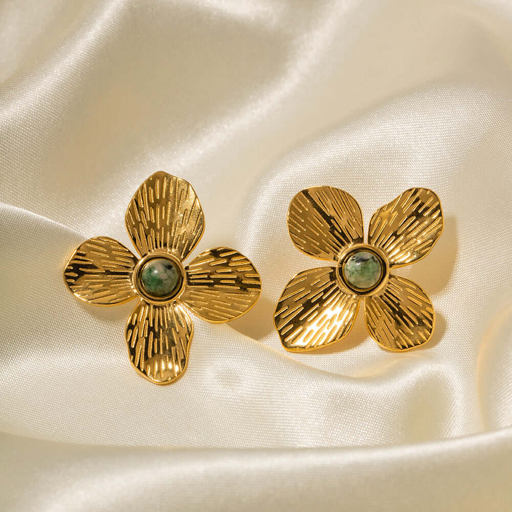 18K Gold Floral Turquoise Stud Earrings - Natural Stone Dainty Jewelry for Women | Perfect for Weddings, Parties & Everyday Elegance (JDE052)