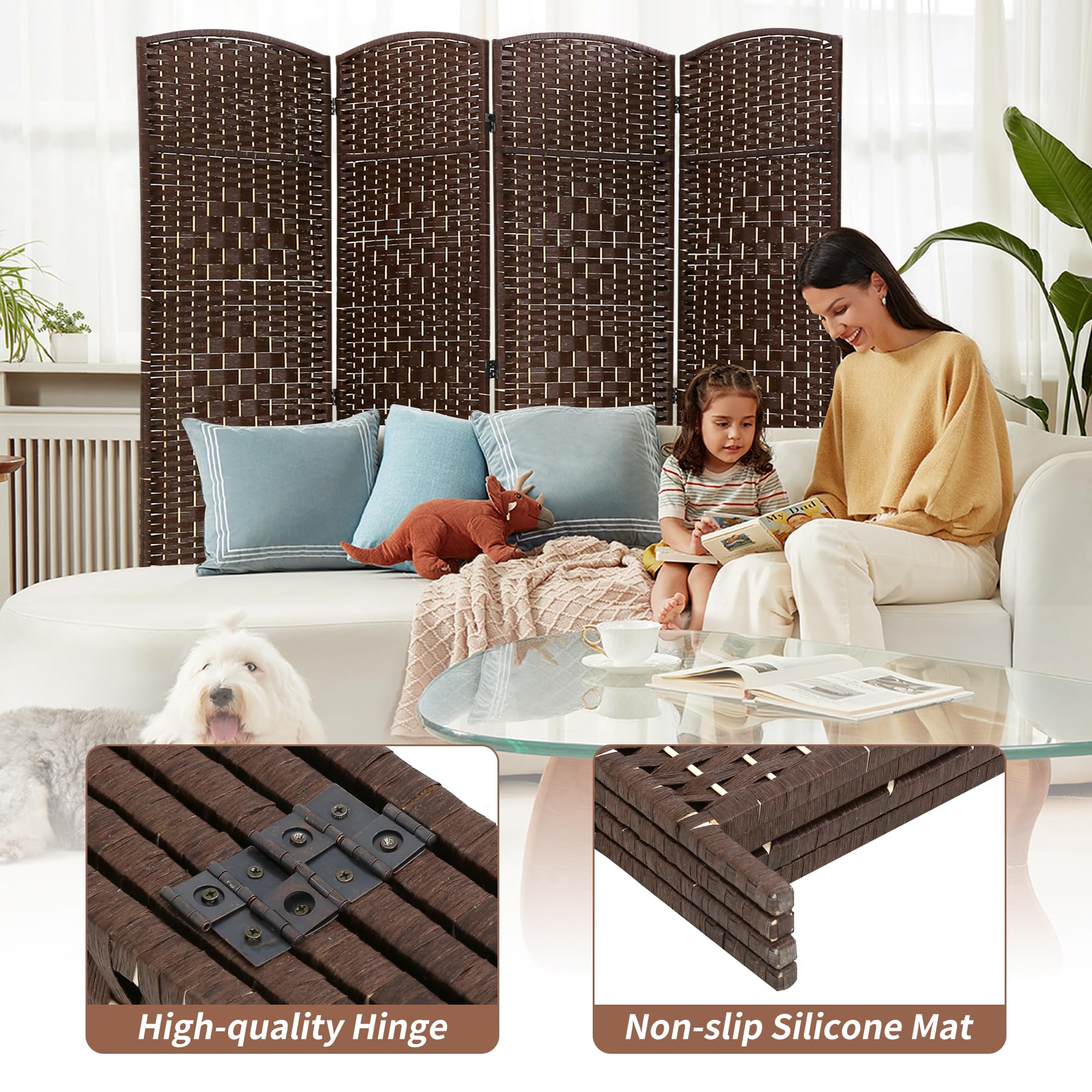 BLKMTY 4-Panel Folding Room Divider Screen - Extra Wide Tall Freestanding Privacy Partition for Living Room, Bedroom, Study - Brown Fiber Space Separator | Perfect for Home Office, Studio, or Event Space Division