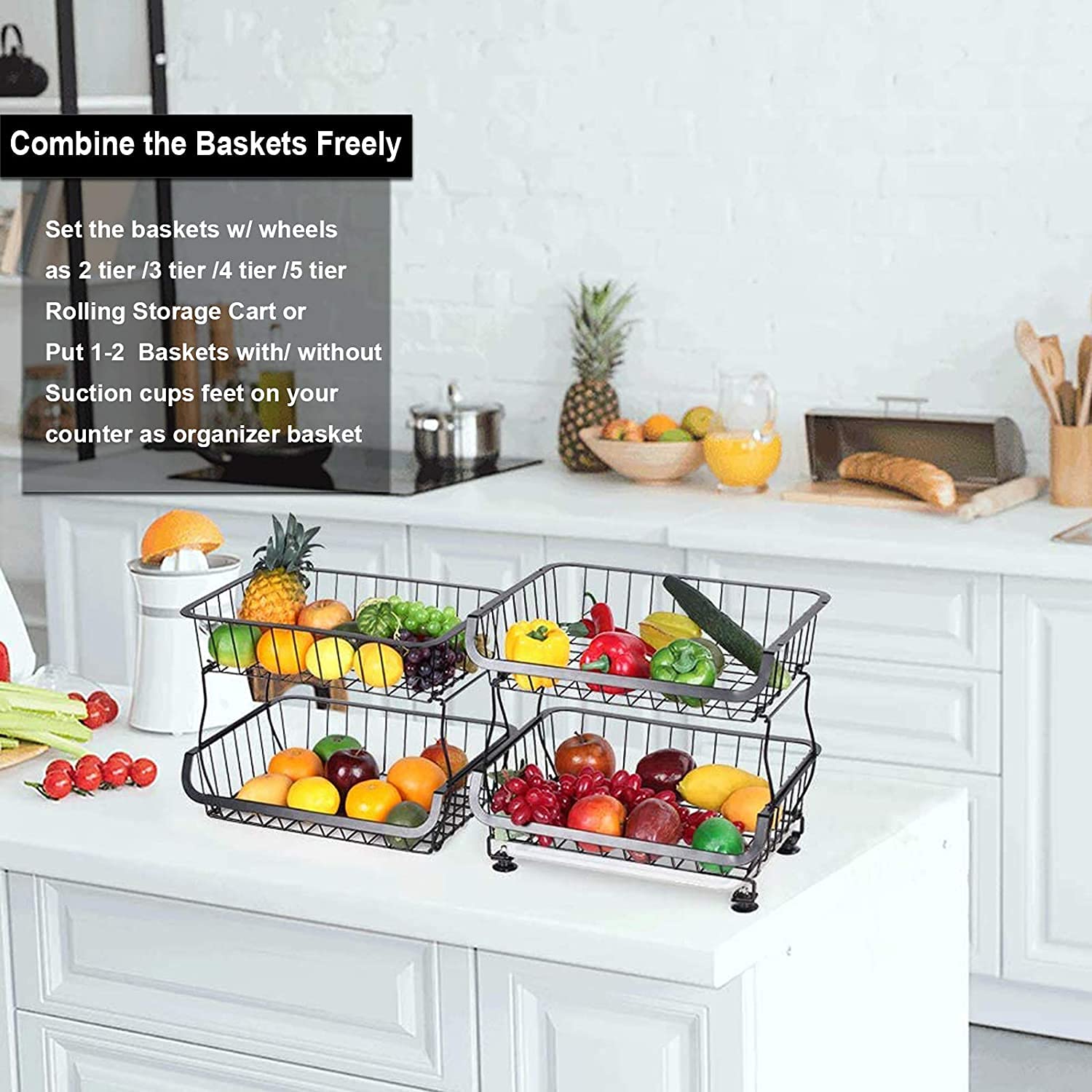 6-Tier Metal Kitchen Pantry Cart with Wheels - Stackable Storage Rack for Fruits, Vegetables & Organizing - Rolling Basket Organizer for Home, Office & Supermarket Use