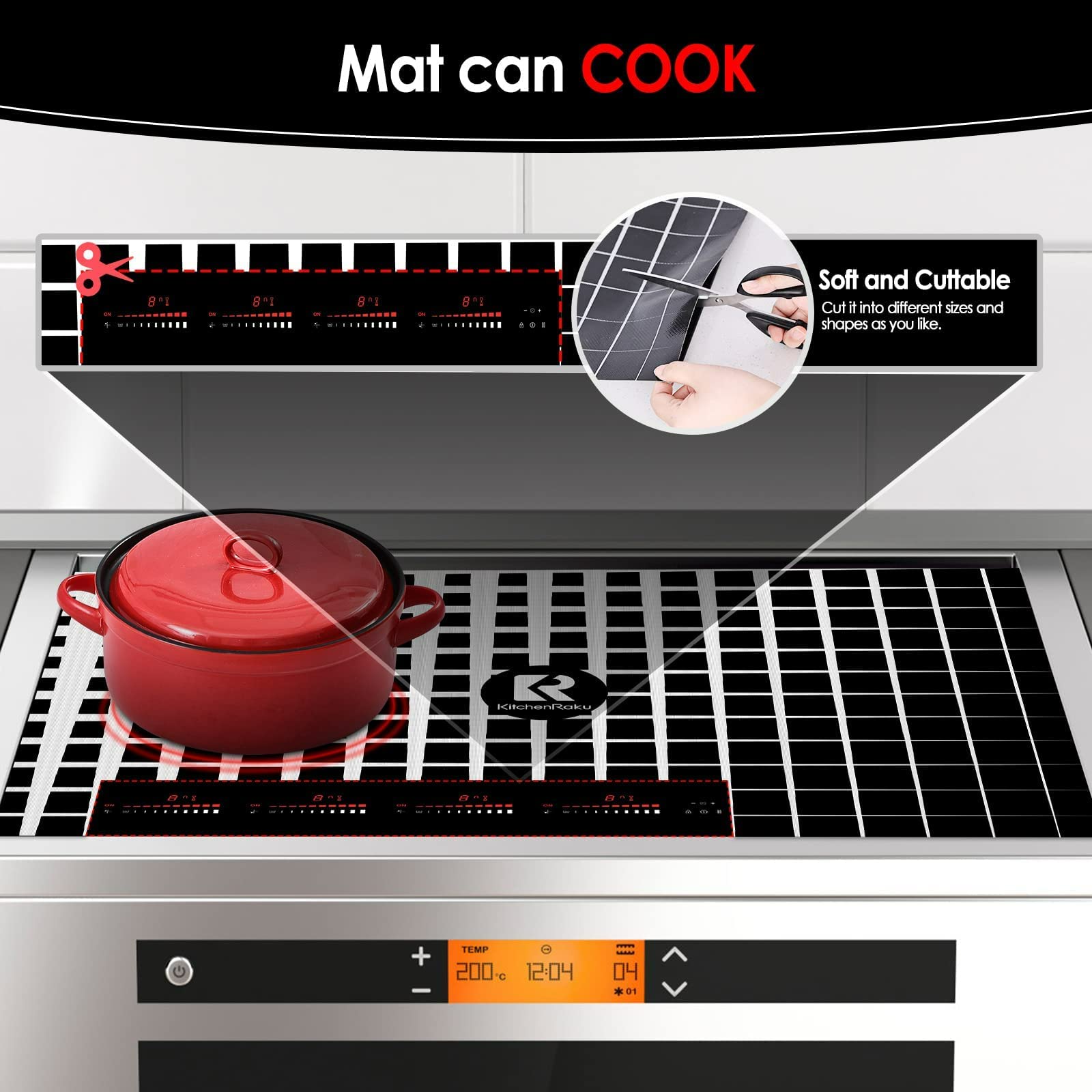 Magnetic Silicone Induction Hob Protector Mat 61x53cm - Large Checkered Non-Slip Cooktop Cover for Electric & Induction Stoves - Scratch Resistant Kitchen Mat by KitchenRaku - Perfect for Cooking, Baking & Food Prep