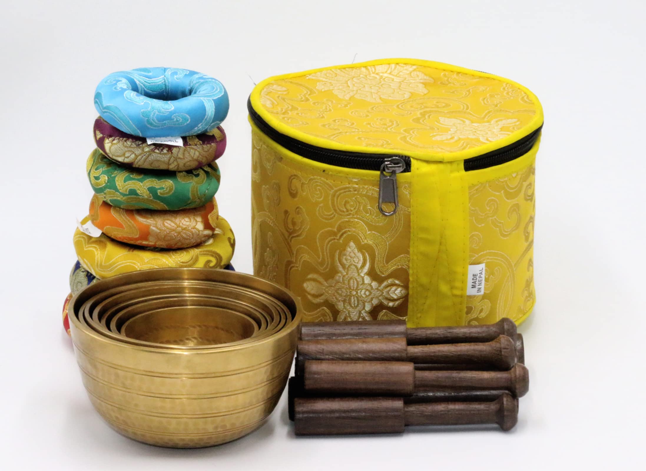 Tibetan Singing Bowl Set - 7 Piece Meditation Bowl Kit with Yellow Carry Case (3