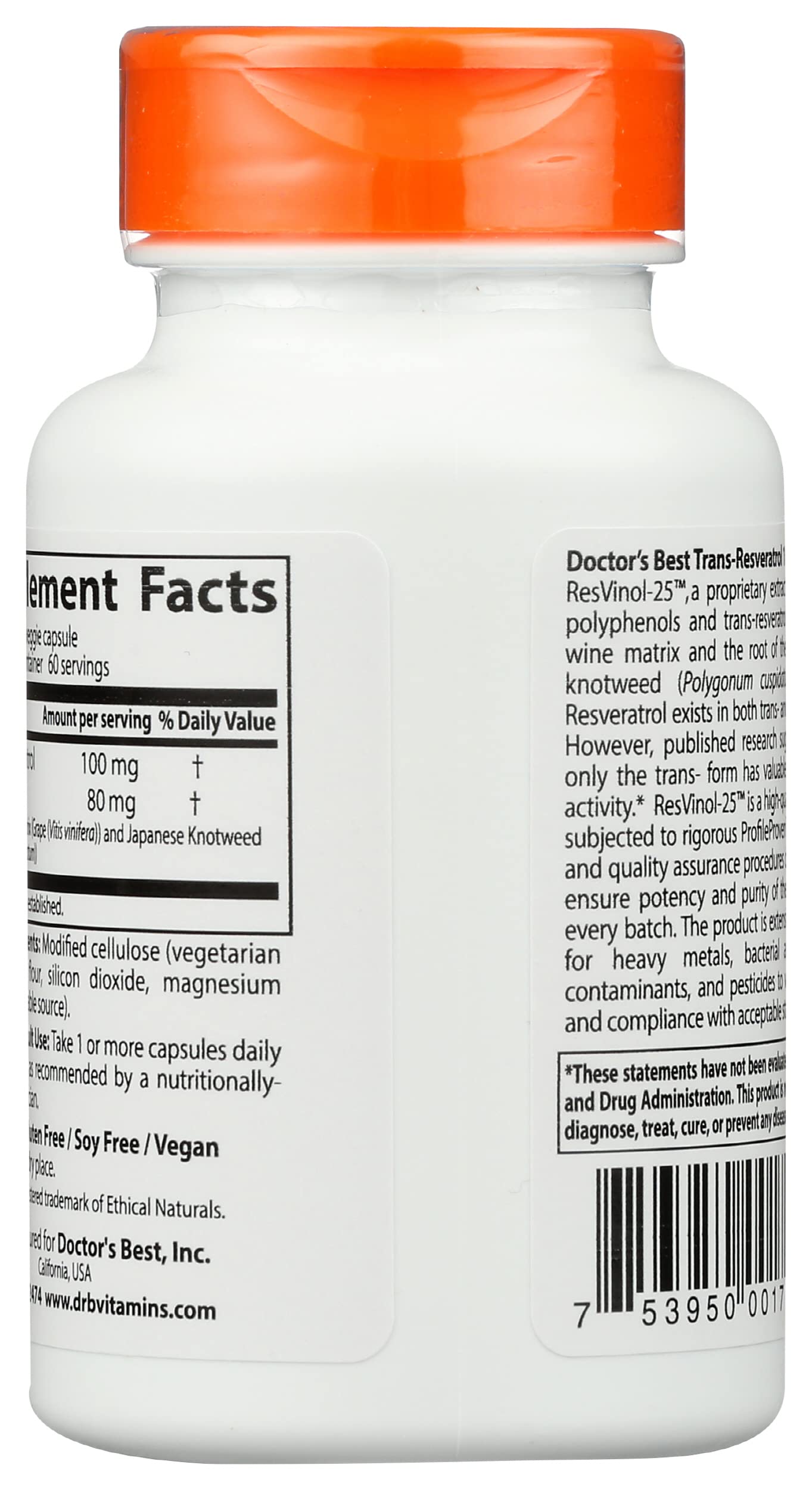 Doctor's Best Trans Resveratrol with ResVinol 25 - 100mg Resveratrol Supplement (60 Vegan Capsules) for Heart Health & Anti-Aging - Supports Cellular Function & Antioxidant Protection