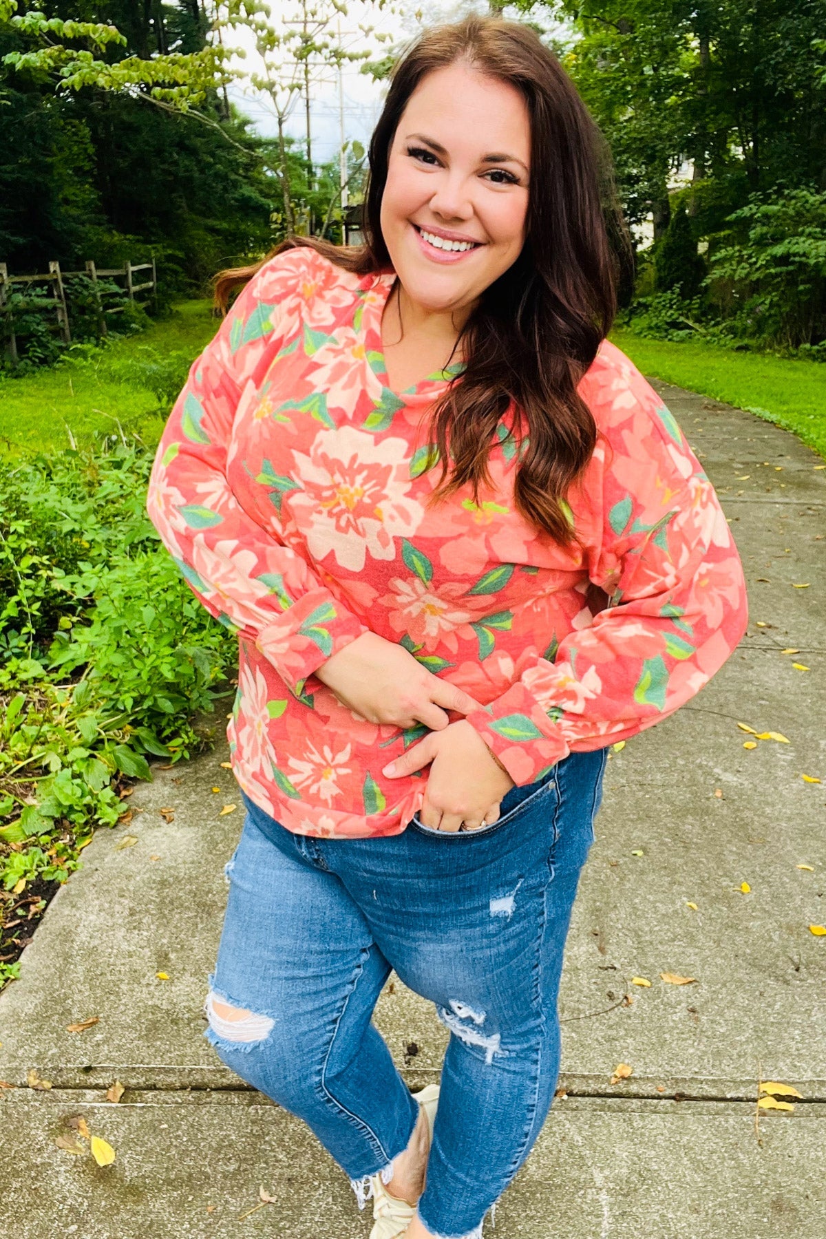 Stylish Red Floral Brushed Hacci Sweater Top for Women | Soft Comfortable Knit Pullover | Perfect for Fall Outfits, Date Nights & Casual Wear