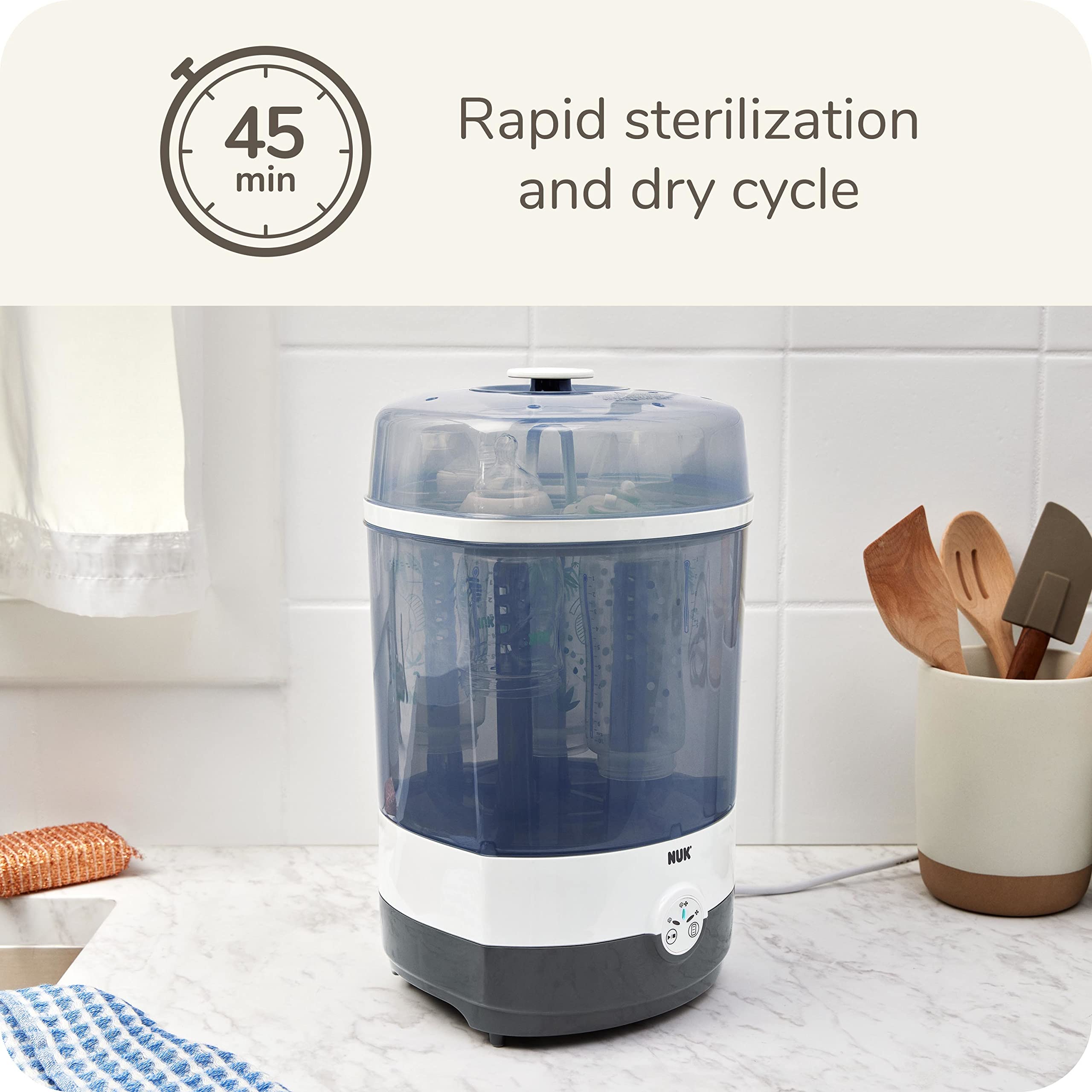 NUK 2-in-1 Baby Bottle Sterilizer and Dryer | Electric Steam Sterilization for Newborn Essentials | Fast, Safe & Convenient | Perfect for Home, Nursery and Travel Use