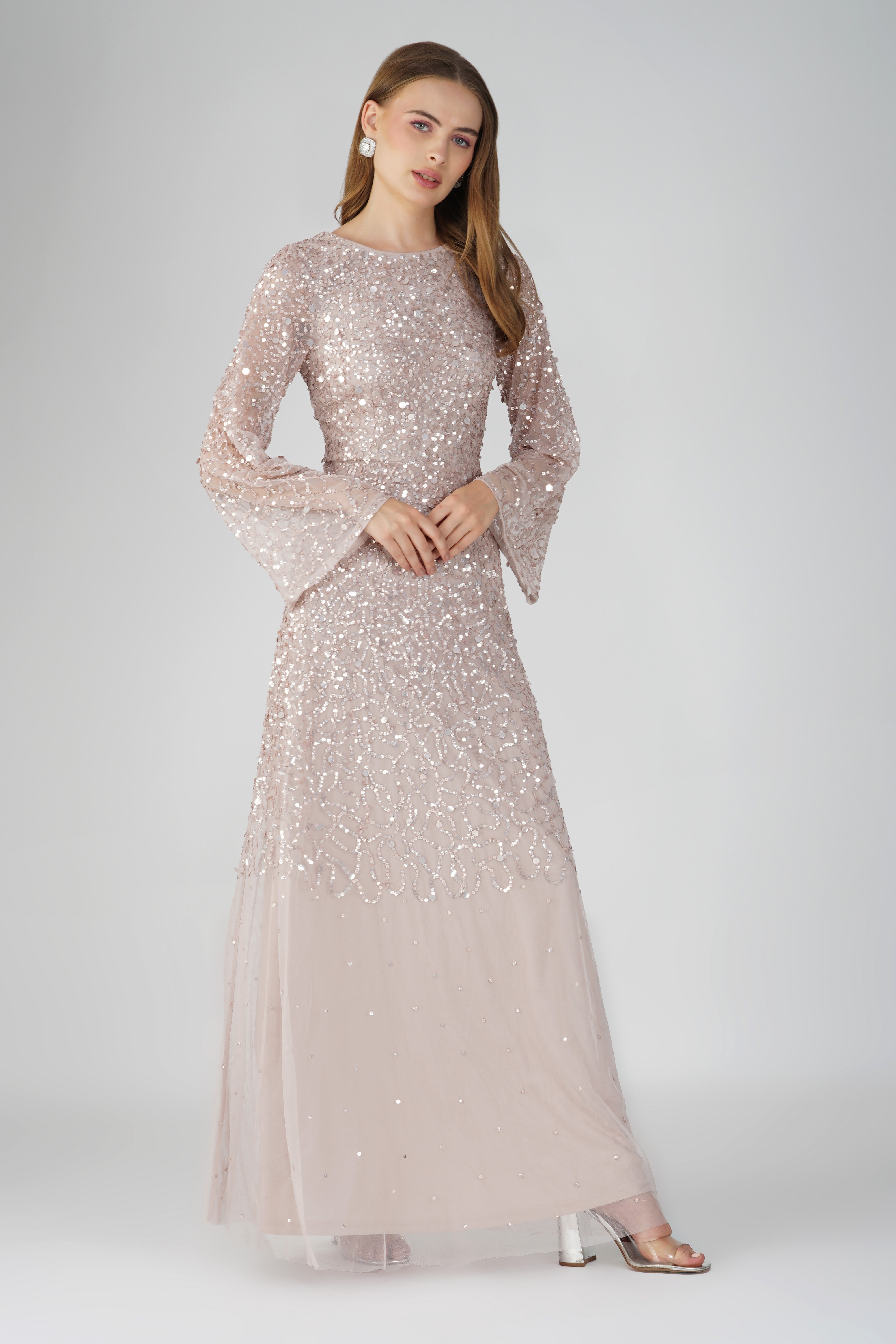 Elegant Diane Long Sleeve Embellished Maxi Dress in Mink - Perfect for Weddings, Parties & Special Occasions
