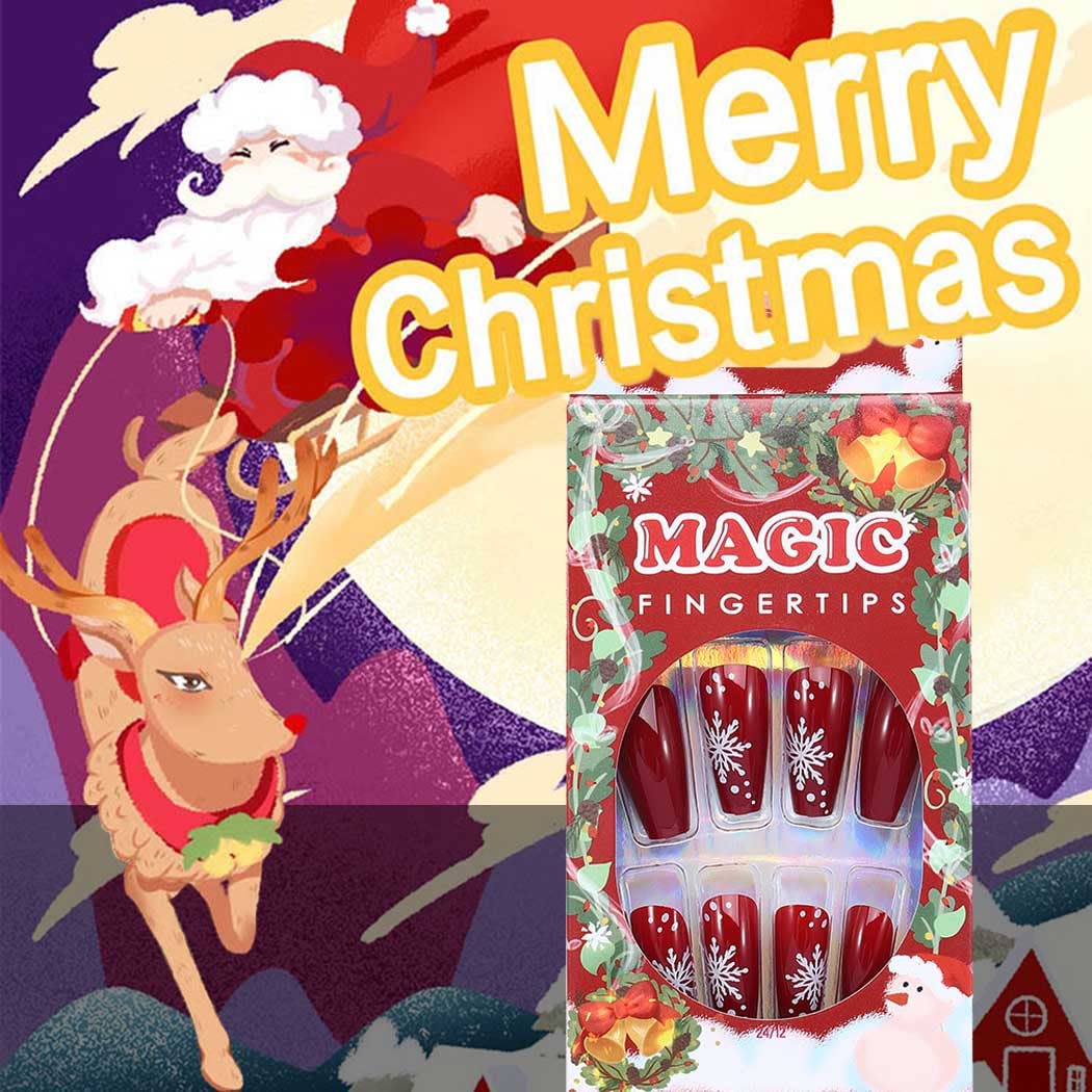 Uranian Christmas Press on Nails - 24pcs Long Red Coffin Fake Nails with Snowflake, Stripes & Glitter Designs | Glossy Santa Claus & Elk French Tip Acrylic Nails for Women & Girls | Perfect for Holiday Parties, Gift Giving & Festive Nail Art