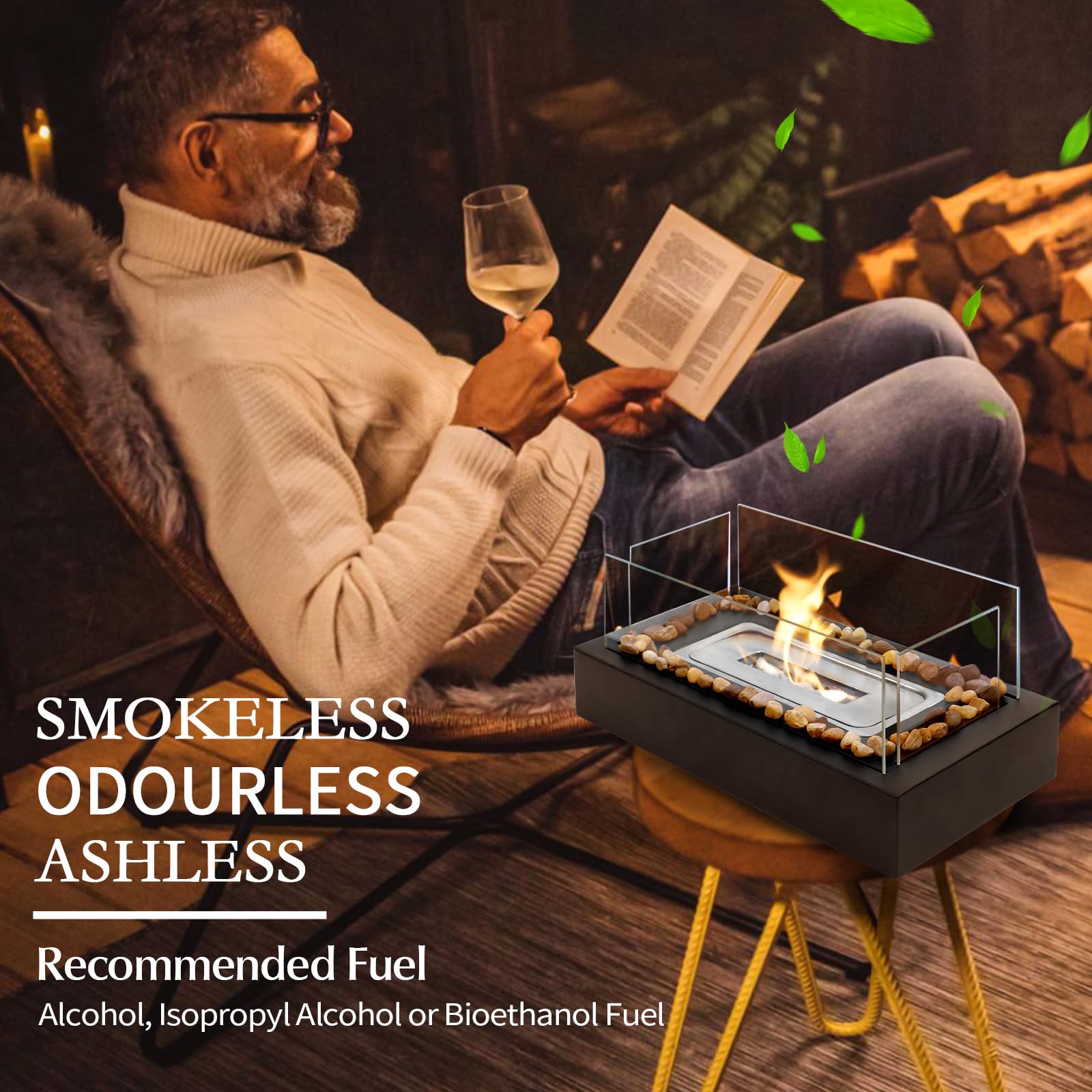 Portable Stainless Steel Tabletop Fire Pit - Safe Outdoor/Indoor Cobblestone Fireplace for Backyard, Patio & Camping - Perfect for Dinner Parties, S'mores Making & Ambiance (Black)