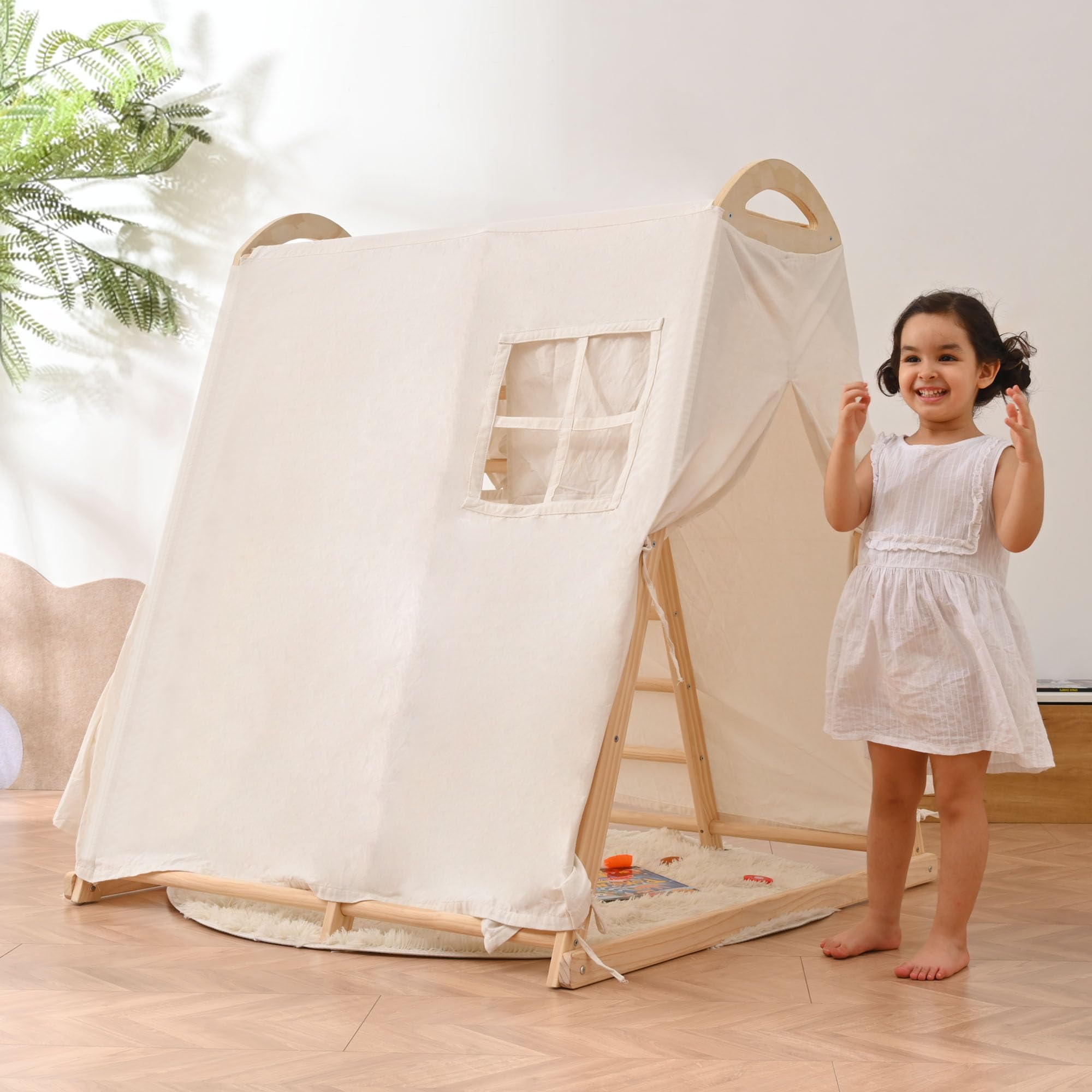 OLLIKIVI Wooden Jungle Gym Indoor Playground - Montessori Climber Playset with Tent, Slide, Gymnastics Rings & Climbing Net for Toddlers Ages 1-6 | Perfect for Home Playrooms, Daycares & Preschools