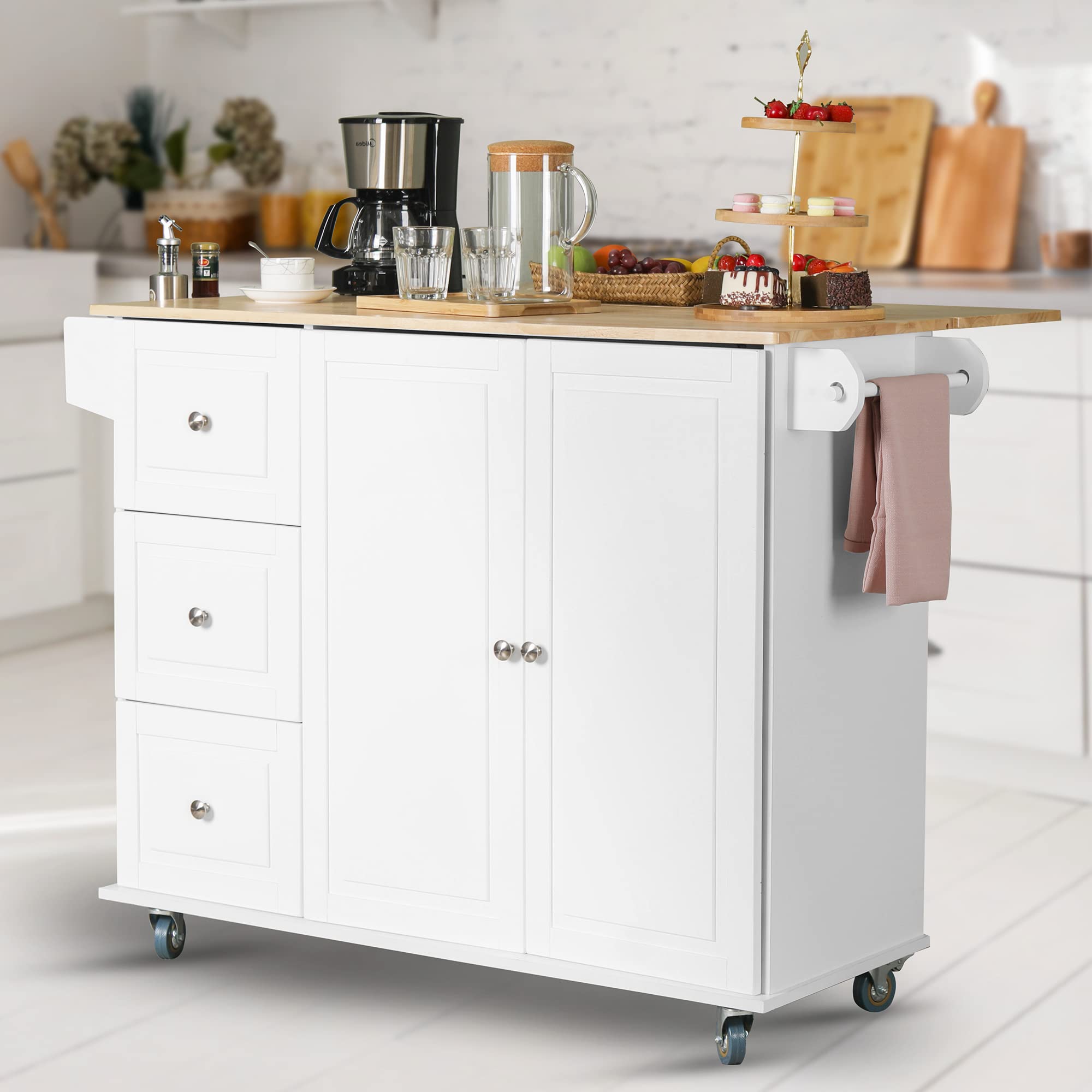 MFSTUDIO White Rolling Kitchen Island Cart with Drop-Leaf, 3 Drawers & Adjustable Shelf - Mobile Storage Cabinet with Wood Countertop, Towel Bar & Spice Rack - Perfect for Small Kitchens, Dining Rooms & Apartment Living