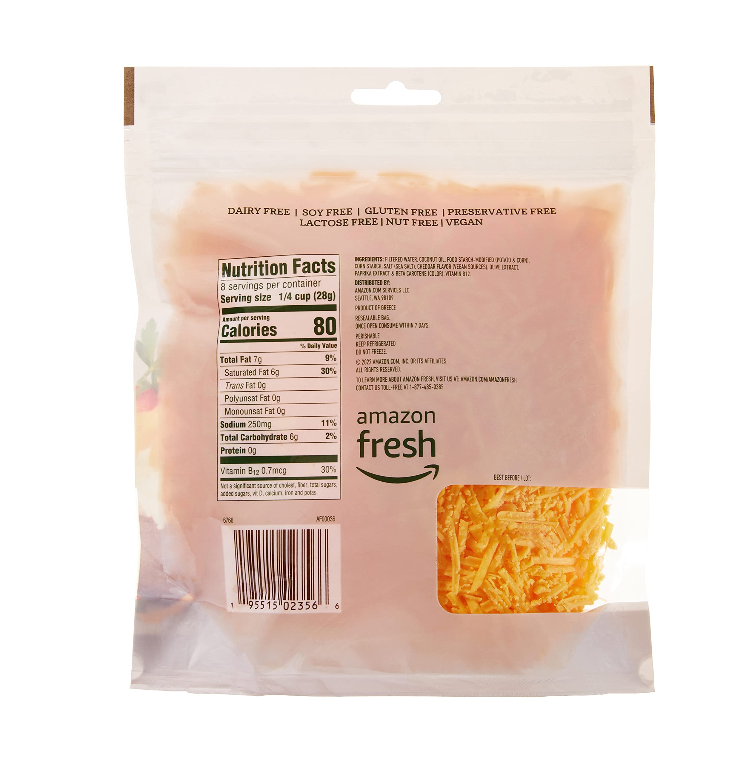 Amazon Fresh Plant-Based Shredded Cheddar Cheese - 8 Oz | Dairy-Free Vegan Cheese Alternative for Pizza, Tacos, Nachos & Sandwiches