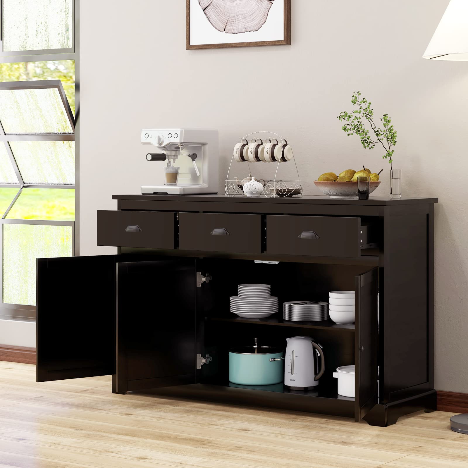 Giantex Sideboard Buffet Server - 2 Cabinets & 3 Drawers Storage Cabinet with Adjustable Shelves, Brown - Perfect for Kitchen, Dining Room & Entryway Organization