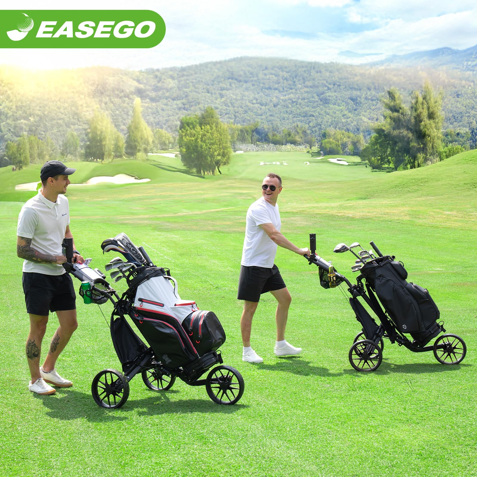 3 Wheel Golf Push Cart - Foldable Golf Bag Cart with Phone Holder, Cup Holder & Umbrella Holder | Compact Quick-Fold Design with Large Wheelbase for All Terrains | Perfect for Golf Courses, Driving Ranges & Outdoor Practice