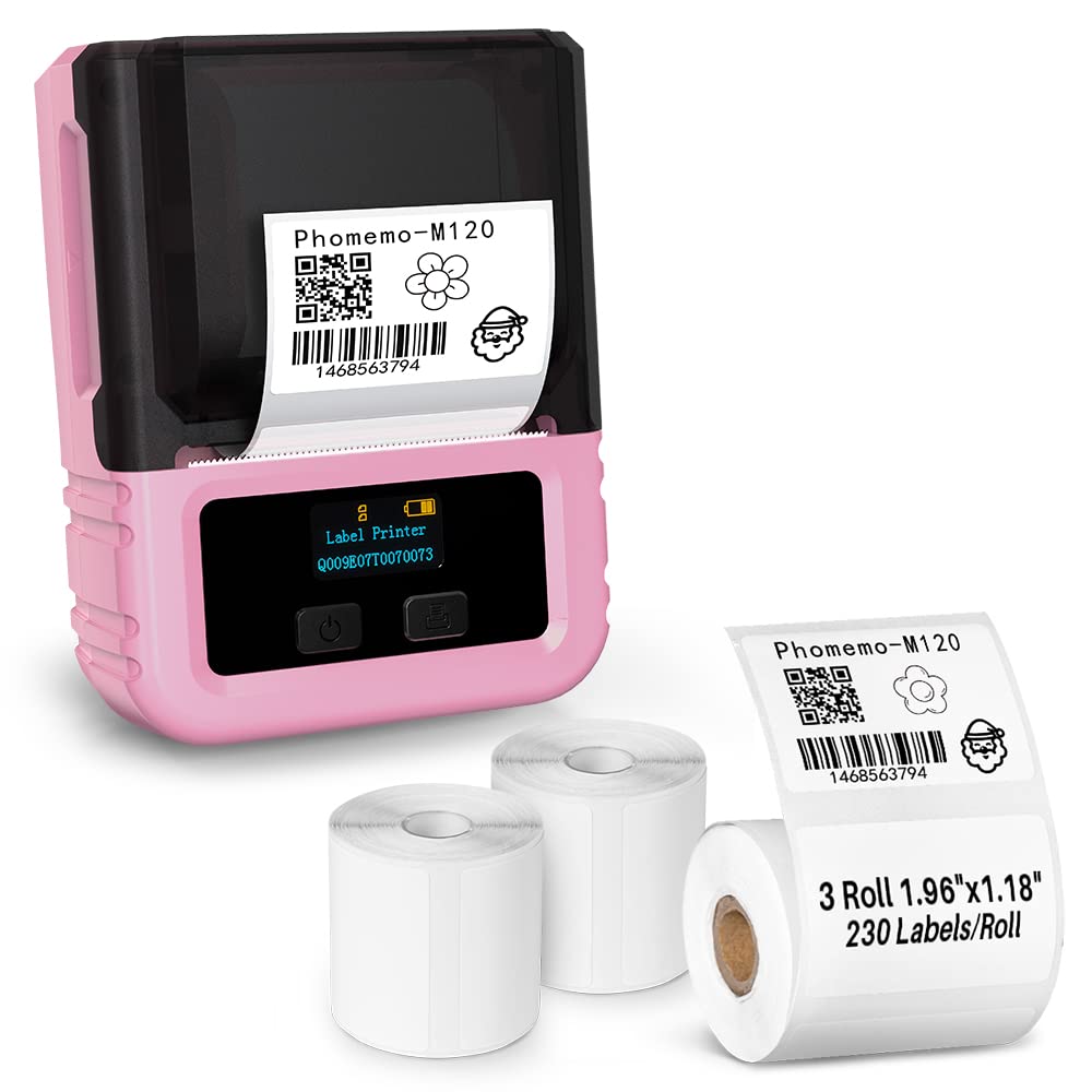 Phomemo M120 Portable Bluetooth Label Maker - Pink, Thermal Sticker Printer for Barcodes, Mailing, Retail & Small Business, Includes 3 Rolls (1.96
