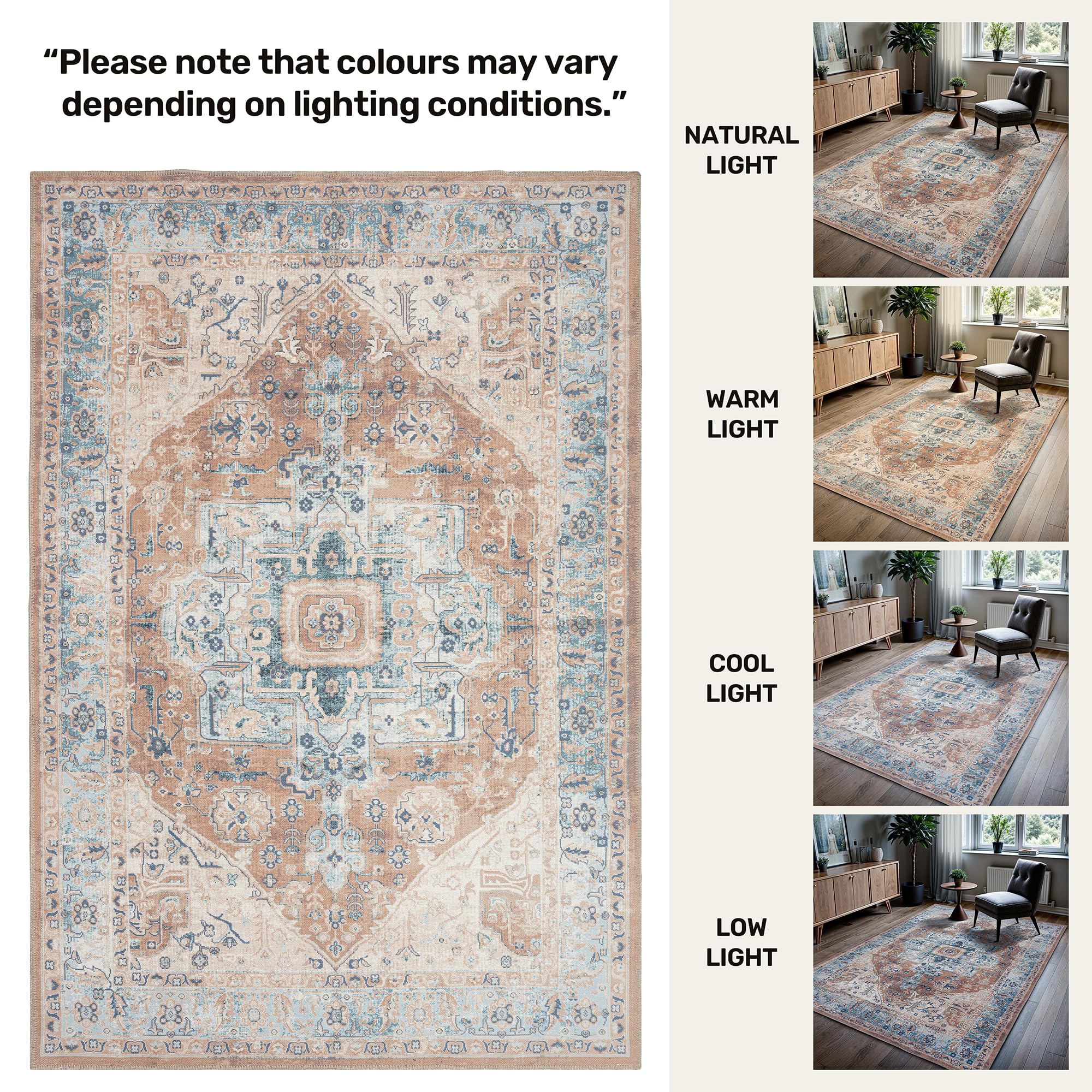 GLN Rugs Vintage Collection - Machine Washable Non-Slip Low Pile Area Rug for Living Room, Bedroom & Bathroom - Easy Clean 9'5
