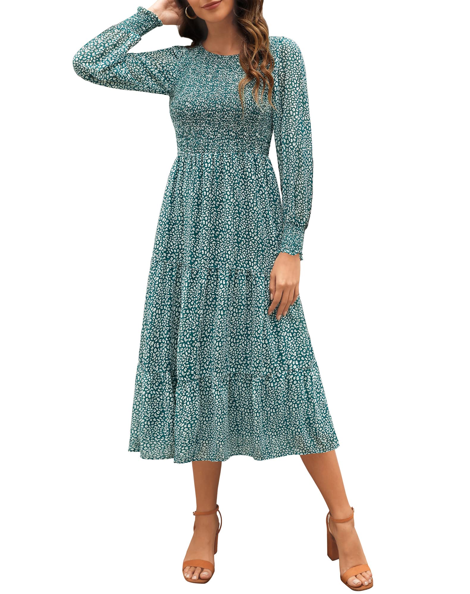 Zattcas Women's Fall Dresses 2025 - Casual Long Sleeve Smocked Boho Floral Tiered Midi Dress with Pockets for Wedding Guest, Party, Date Night & Office Wear