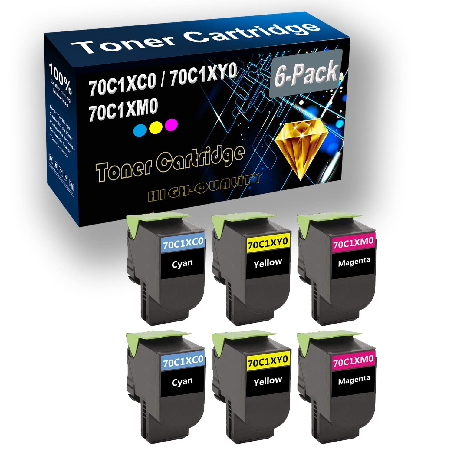 6-Pack (2C+2Y+2M) Compatible Toner Cartridge Replacement for HP 70C1XC0 70C1XY0 70C1XM0 - Works with CS510de/CS510dte Printers | High-Yield Printing for Office & Home Use