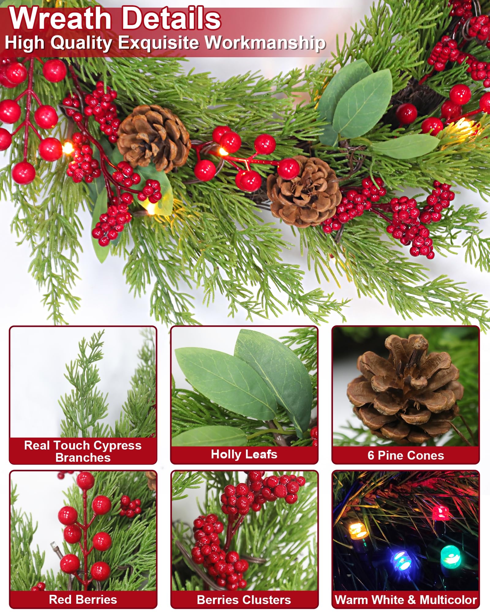 20 Inch Real Touch Christmas Wreath with LED Lights & Timer - 8 Lighting Modes, Battery Operated Artificial Green Cedar Wreath with Pinecones & Berries - Perfect for Front Door, Wall, Windows, Mantle Decorations (Holiday Home & Office Decoration)