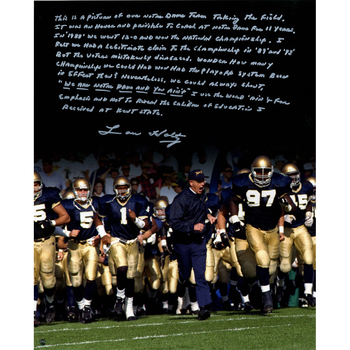 Authentic Lou Holtz Signed Notre Dame Tunnel Run 16x20 Story Photo - Perfect for Sports Memorabilia Collectors & Fighting Irish Fans