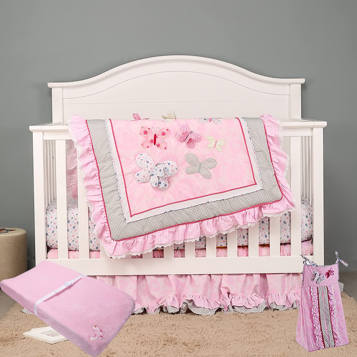 4-Piece Cotton Embroidery 3D Butterfly Nursery Crib Bedding Set for Baby Girls - Pink Floral Butterfly Design with 1 Quilt, 1 Fitted Sheet, 1 Changing Pad Cover & 1 Diaper Organizer | Perfect for Newborn Nursery Decor, Baby Shower Gifts and Cozy Sleeping