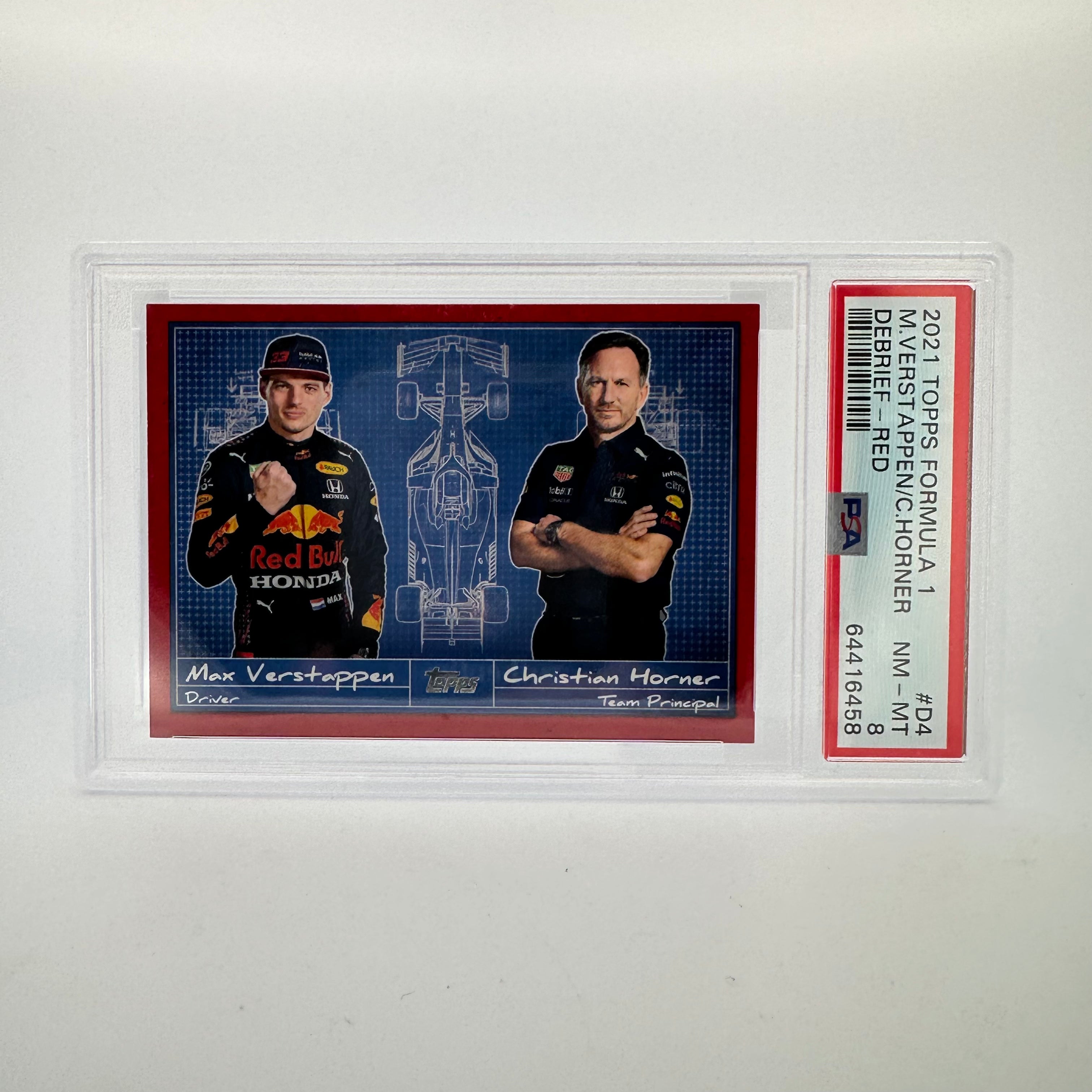 PSA 8 Graded 2/5 Max Verstappen & Christian Horner Red Bull Racing Debrief #D4 F1 Collectible - Perfect for Motorsport Fans & Memorabilia Displays