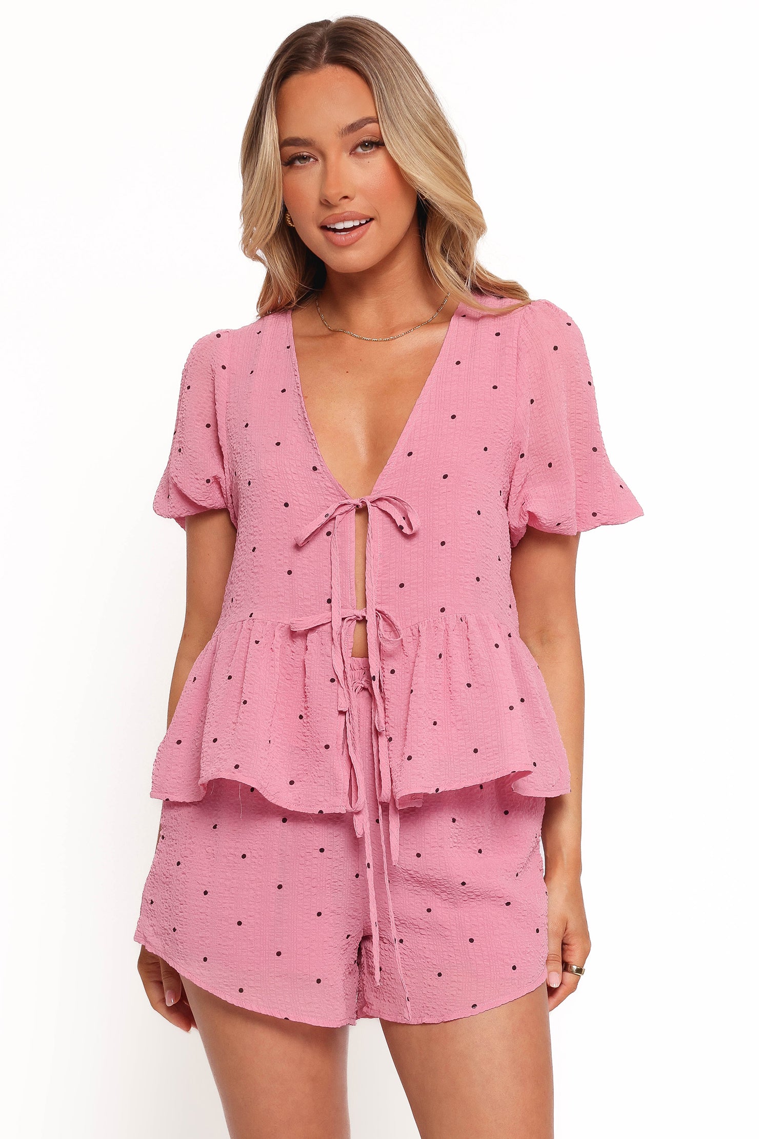 Dory Top Women's Pink Polka Dot Blouse - Casual Short Sleeve Shirt for Spring & Summer Outfits | Perfect for Dates, Office Wear & Weekend Brunch