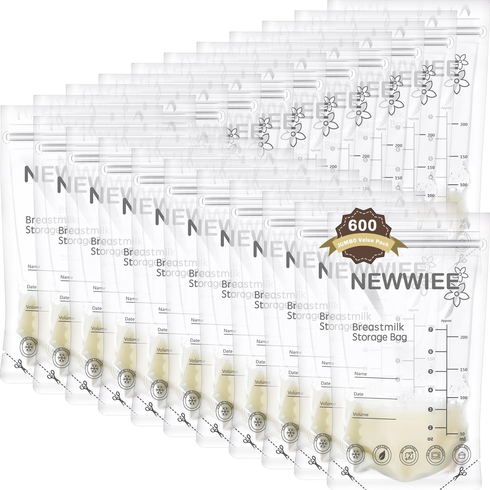 600 Count Breastmilk Storage Bags - 7oz Leakproof Freezer Bags for Breastfeeding Moms with Double Seal, Self Standing Design for Refrigeration & Freezing (Gray) - Perfect for Pumping, Storing & Organizing Breast Milk at Home or Work