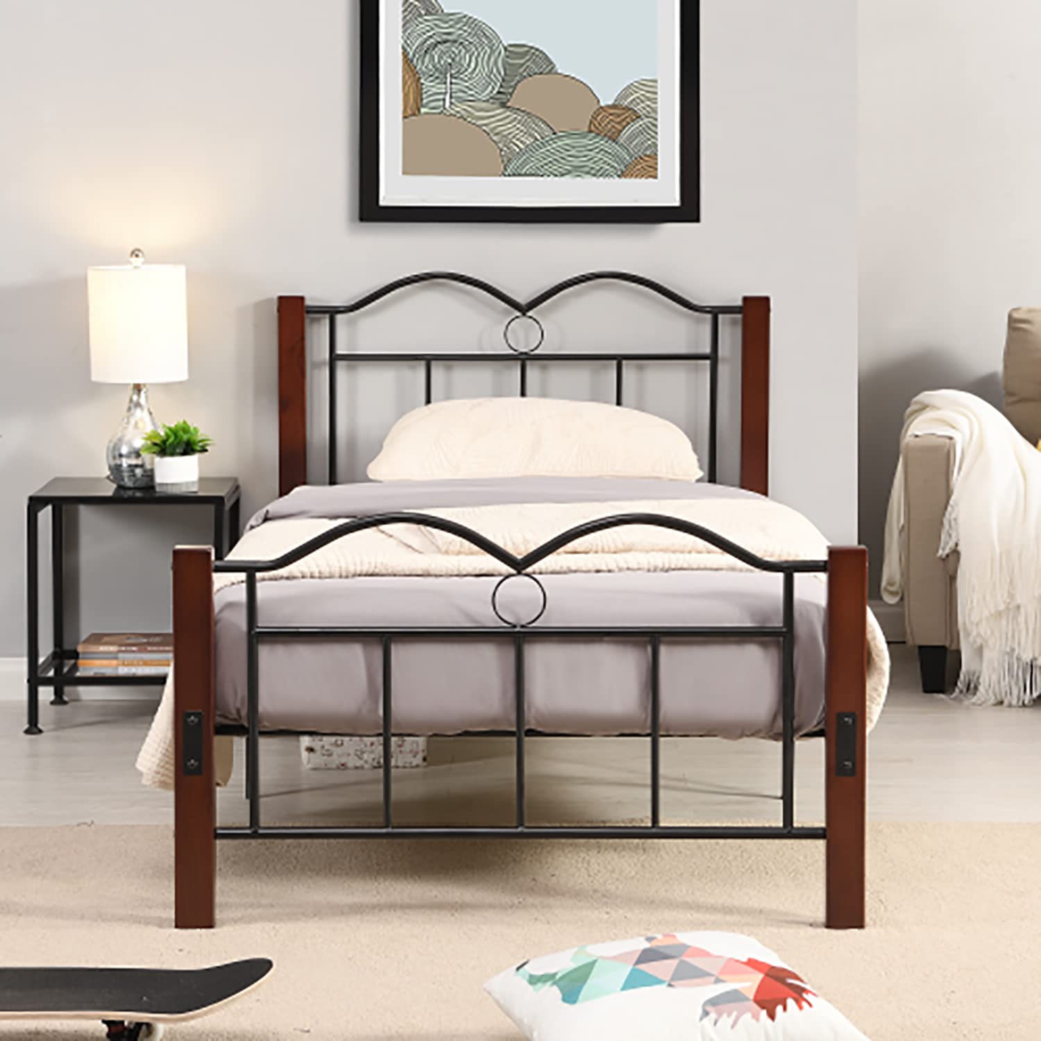 Vintage Style Metal Twin Size Platform Bed Frame with Wooden Feet - Sturdy & Elegant Twin Bed for Small Spaces, Guest Rooms & Cozy Bedrooms - Perfect for Teens, College Dorms & Apartments