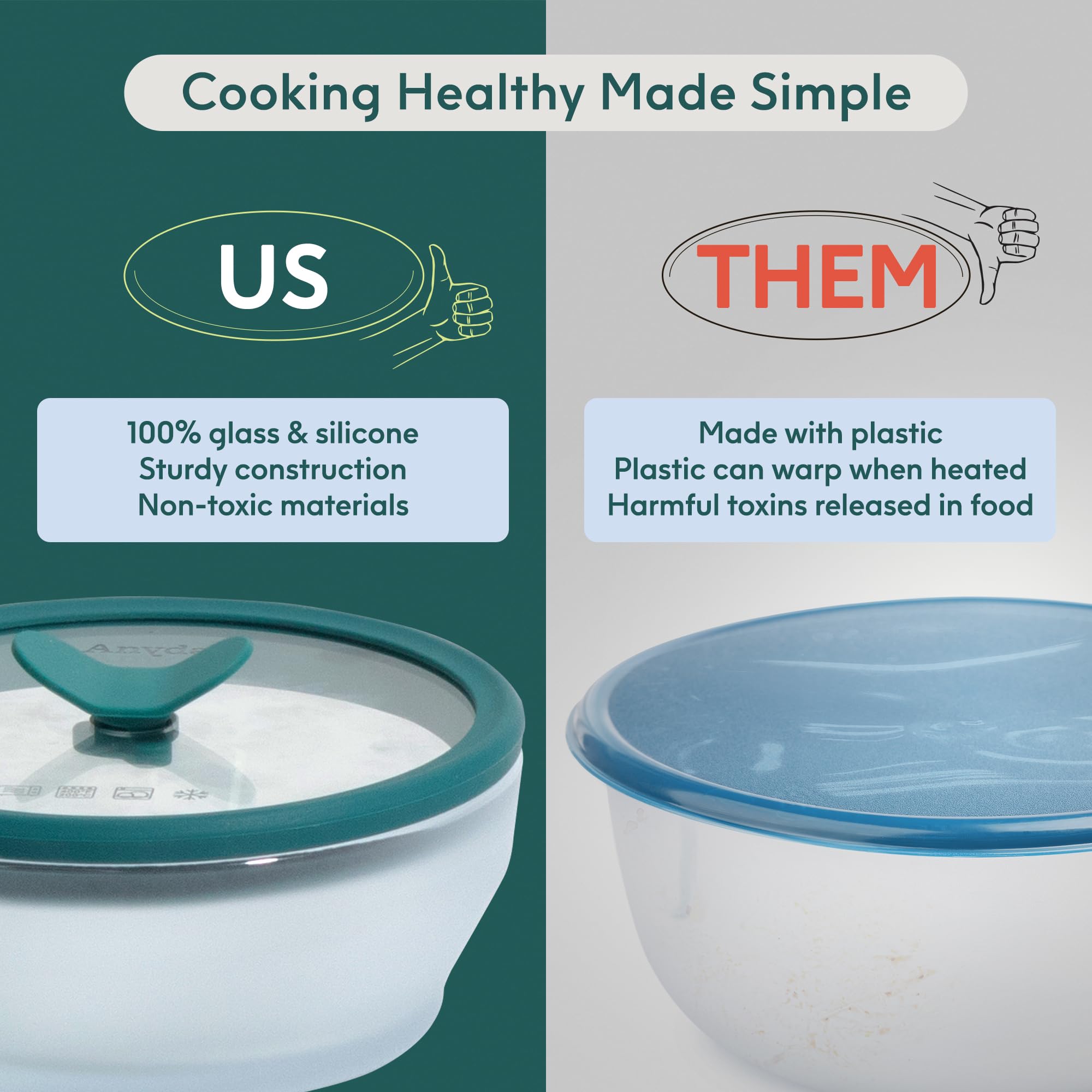 Anyday Plastic-Free Microwave Safe Glass Cookware Set - 2 Small Glass Containers with Lids for Steaming, Roasting, Serving & Food Storage (5.5