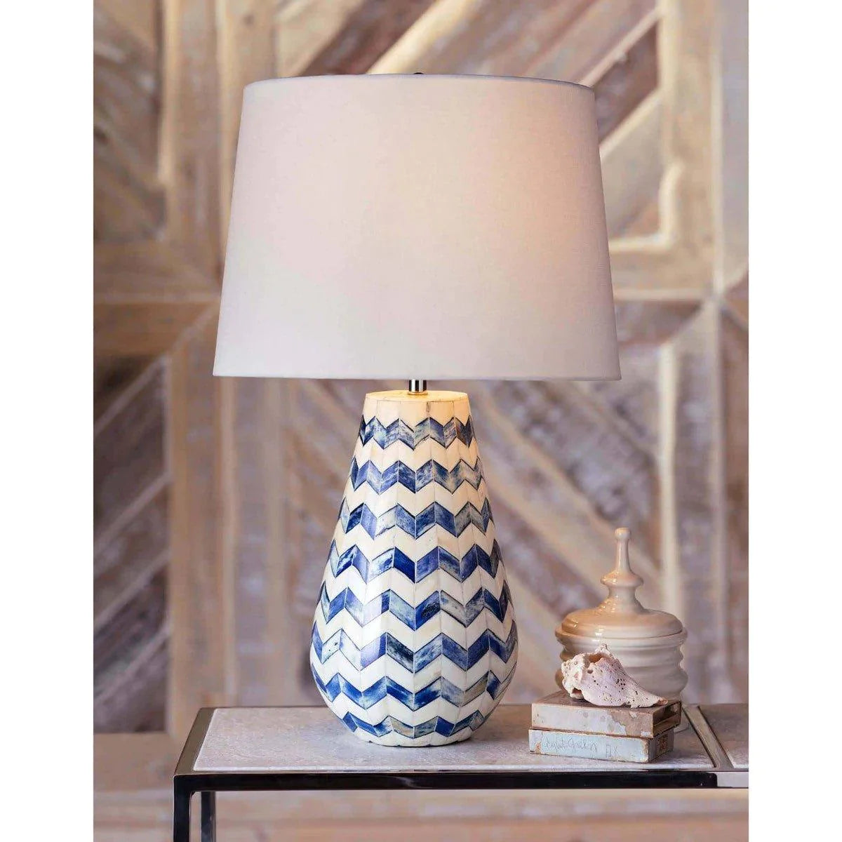 Cassia Chevron Table Lamp - Blue Ceramic Nightstand Lamp for Bedroom, Living Room, Office - Modern Decorative Lighting with Fabric Shade