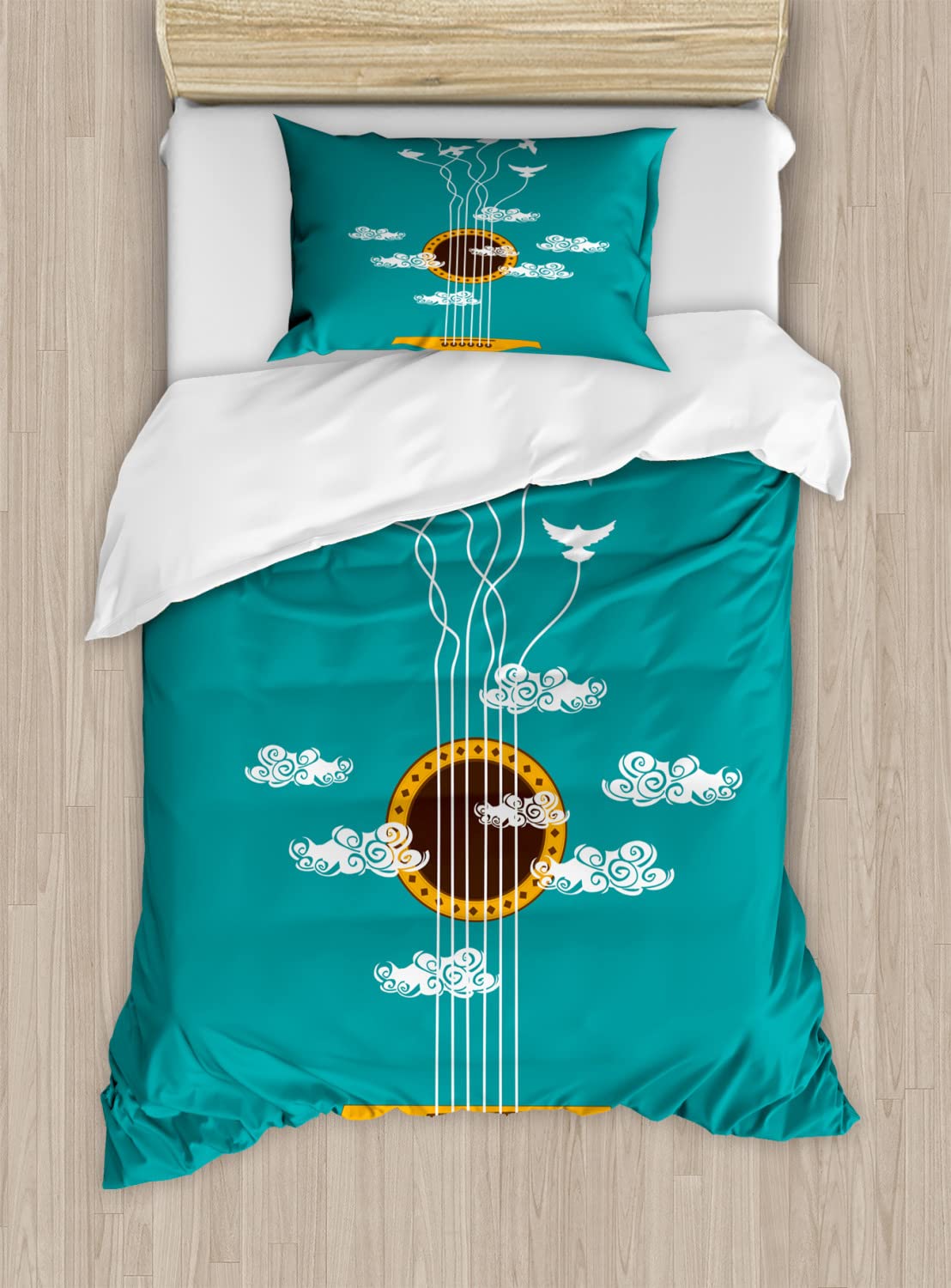 Ambesonne Guitar Duvet Cover Set - Abstract Music Theme with Birds on Strings & Clouds Design - Twin Size 2-Piece Bedding Set (2 Duvet Covers + 2 Pillowcases) in Turquoise Marigold White - Perfect for Teen Bedrooms, Music Lovers & Bohemian Decor