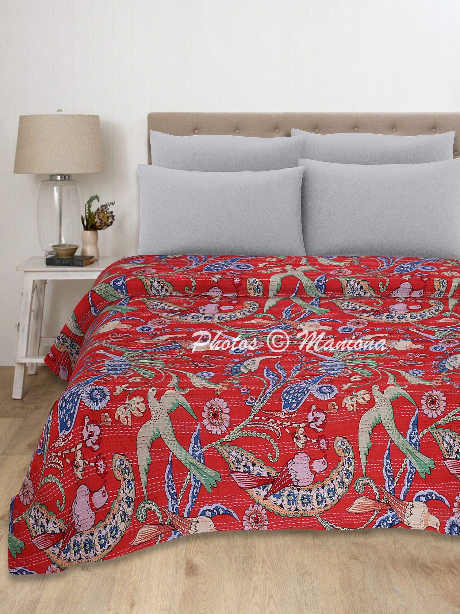 Handmade Red Bird Print Cotton Kantha Quilt Queen Size - Soft & Lightweight Bedspread for Cozy Bedroom Decor, Boho Chic Home Styling