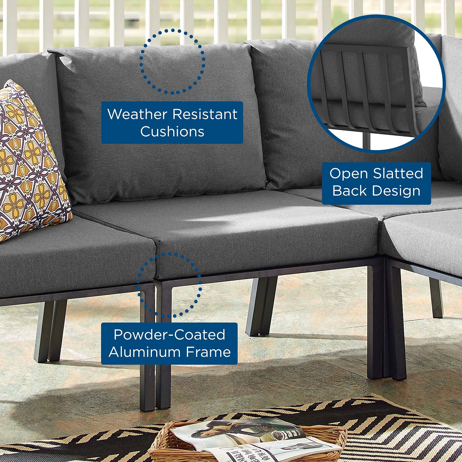 Modway Riverside Outdoor Armless Chair - Gray Charcoal Patio Furniture for Poolside, Deck & Garden Relaxation
