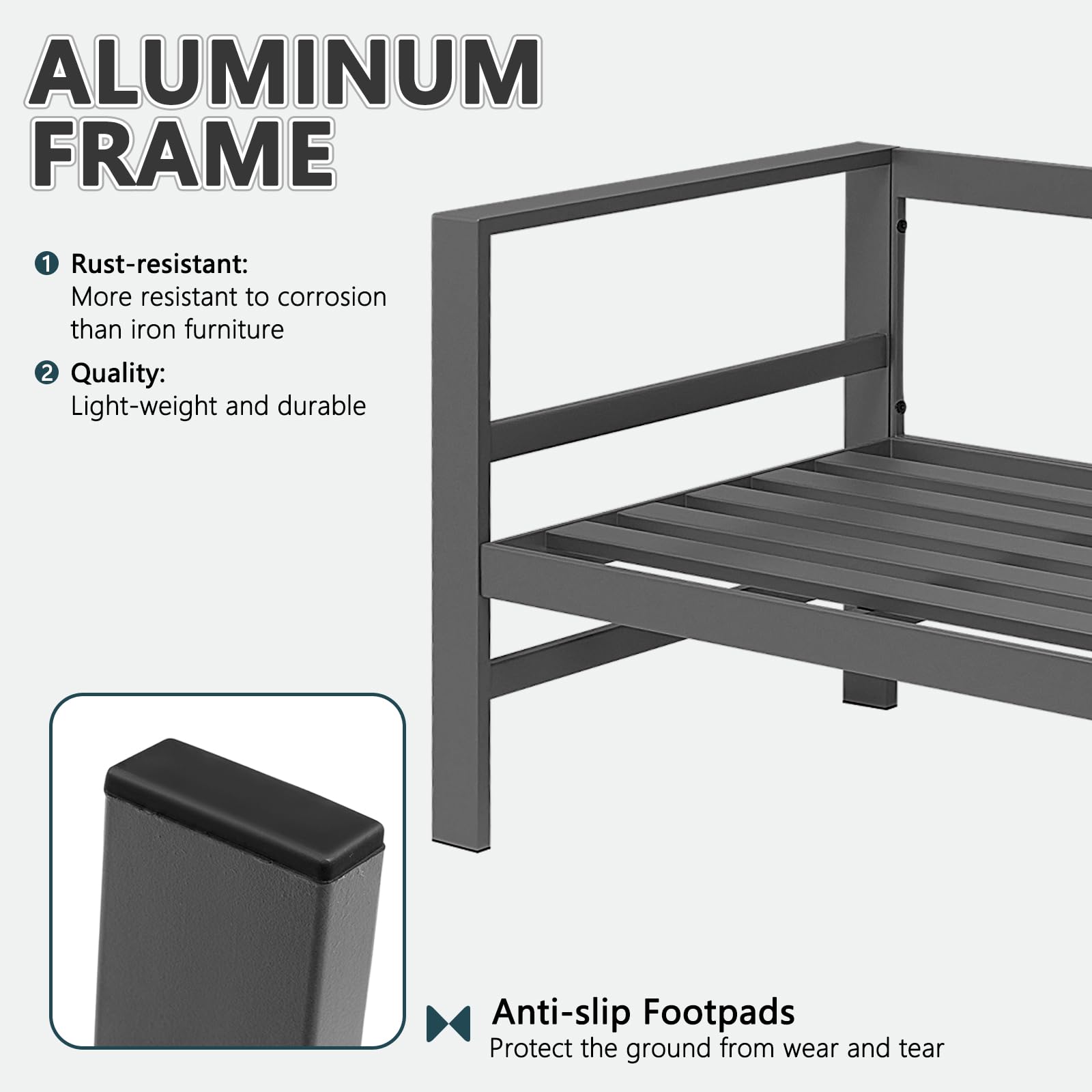 5-Piece Cast Aluminum Outdoor Patio Furniture Set - Grey Frame & Blue Cushions - Modern Metal Conversation Sofa Set for Backyard, Garden, Poolside or Deck Relaxation