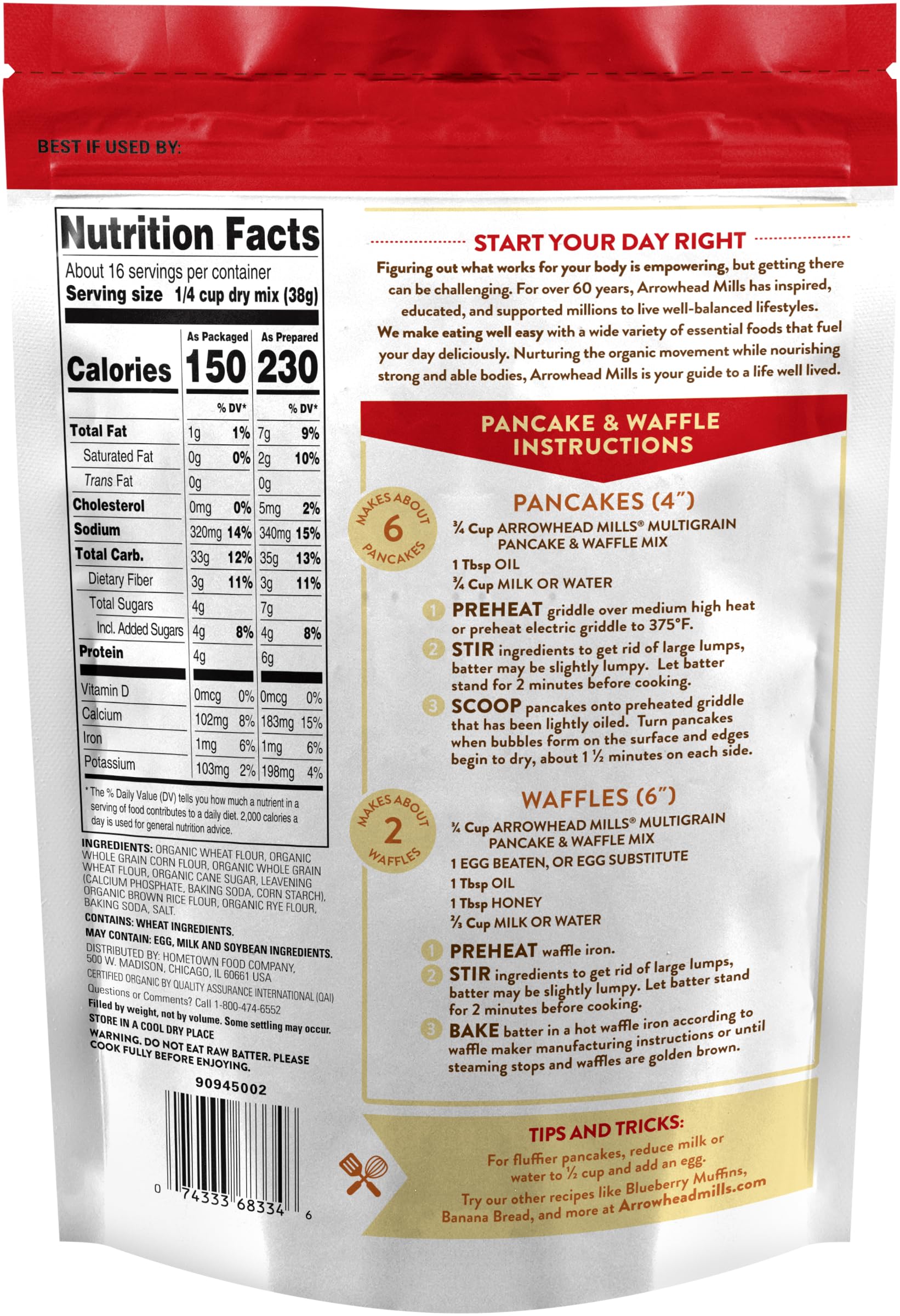 Organic Multigrain Pancake & Waffle Mix by Arrowhead Mills - 22oz (Pack of 6) | Whole Grain, Non-GMO, Vegan Friendly | Perfect for Breakfast, Brunch & Family Gatherings