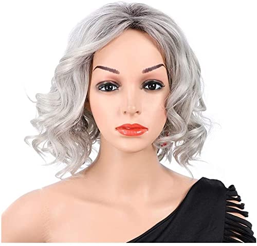 Premium Human Hair Lace Front Wig - Kawaii Cosplay & Fashion Gradient Fluffy Short Wig (Silver Grey, Silver White) | Perfect for Halloween, Cosplay, Parties & Daily Styling
