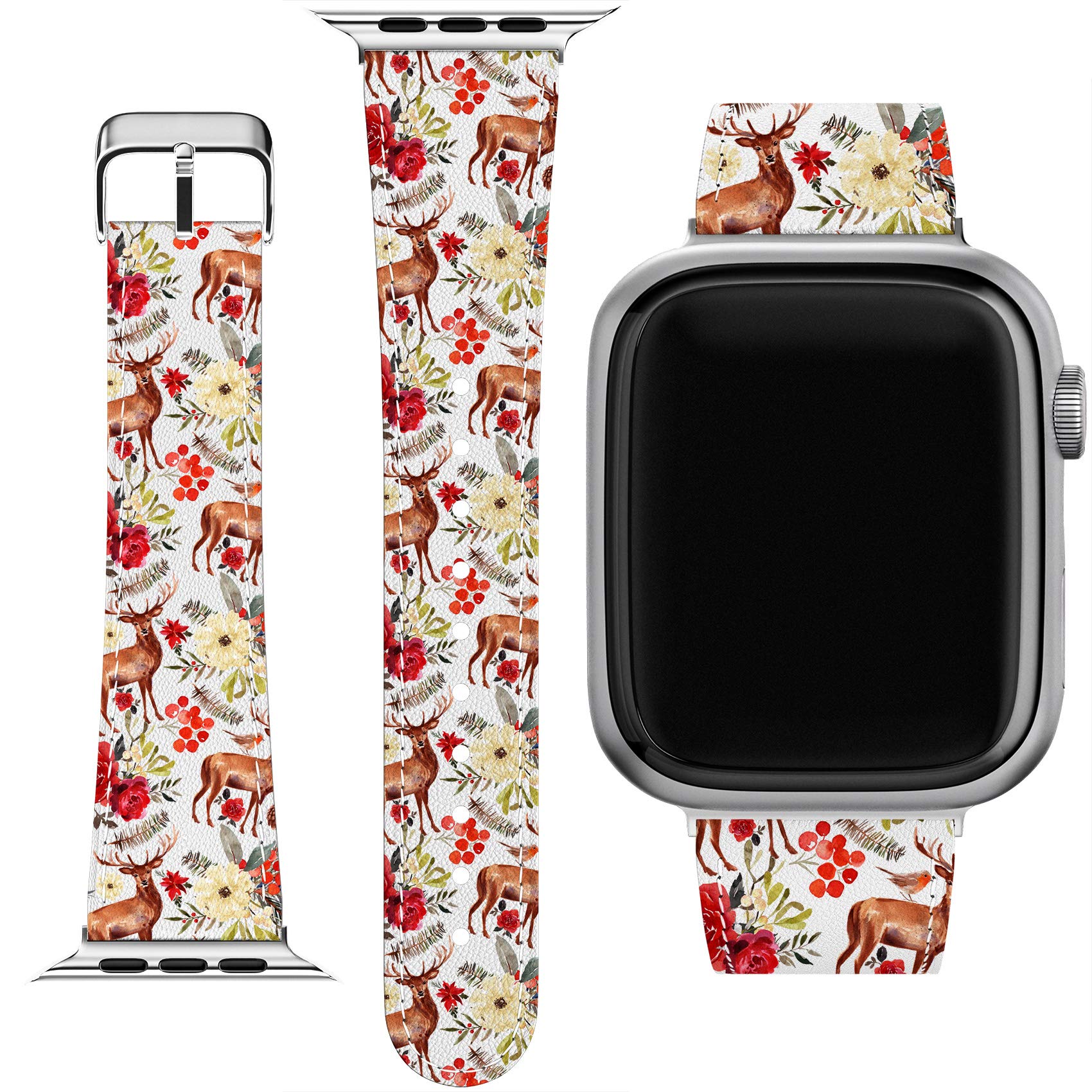 Apple Watch Bands Compatible with Series 7/6/5/4/3/2/1/SE (38-45mm) - Floral PU Leather Strap with Deer & Bloom Design + Matching Phone Case - Perfect for Workouts, Office & Casual Wear