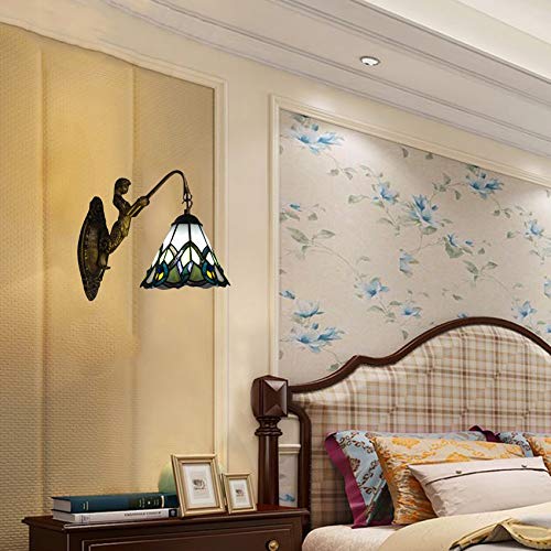 LITFAD Mermaid Wall Sconce with Peacock Tail Tiffany Stained Glass Shade - Decorative LED Wall Lamp for Staircase, Bedroom, Hotel & Restaurant - Perfect for Coastal, Nautical or Mermaid Theme Decor