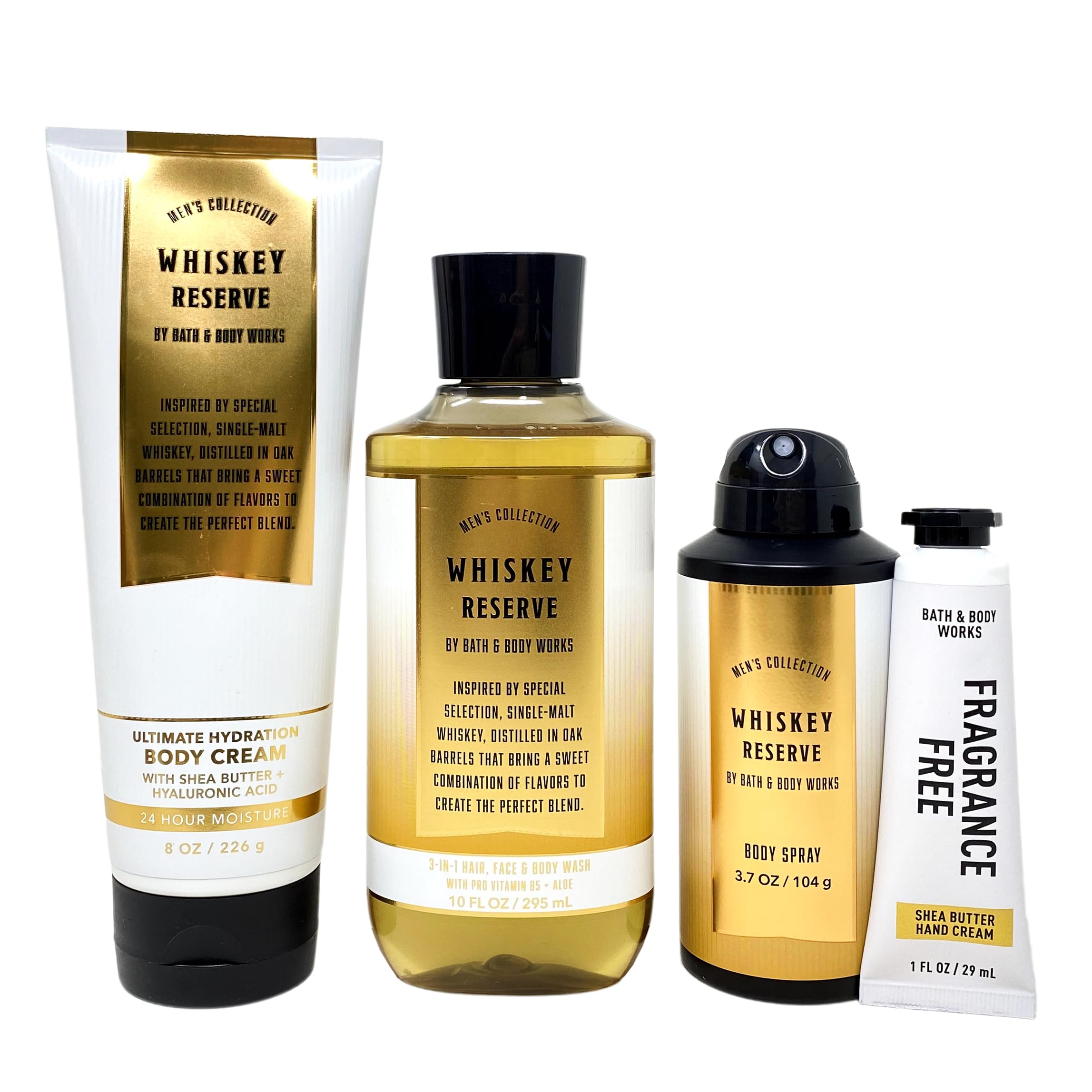 Whiskey Reserve Men's 4-Piece Grooming Gift Set - Body Cream, 3-in-1 Wash, Body Spray & Hand Cream - Full Size Luxury Bath & Body Care for Men - Perfect for Gifts, Travel & Daily Skincare Routine